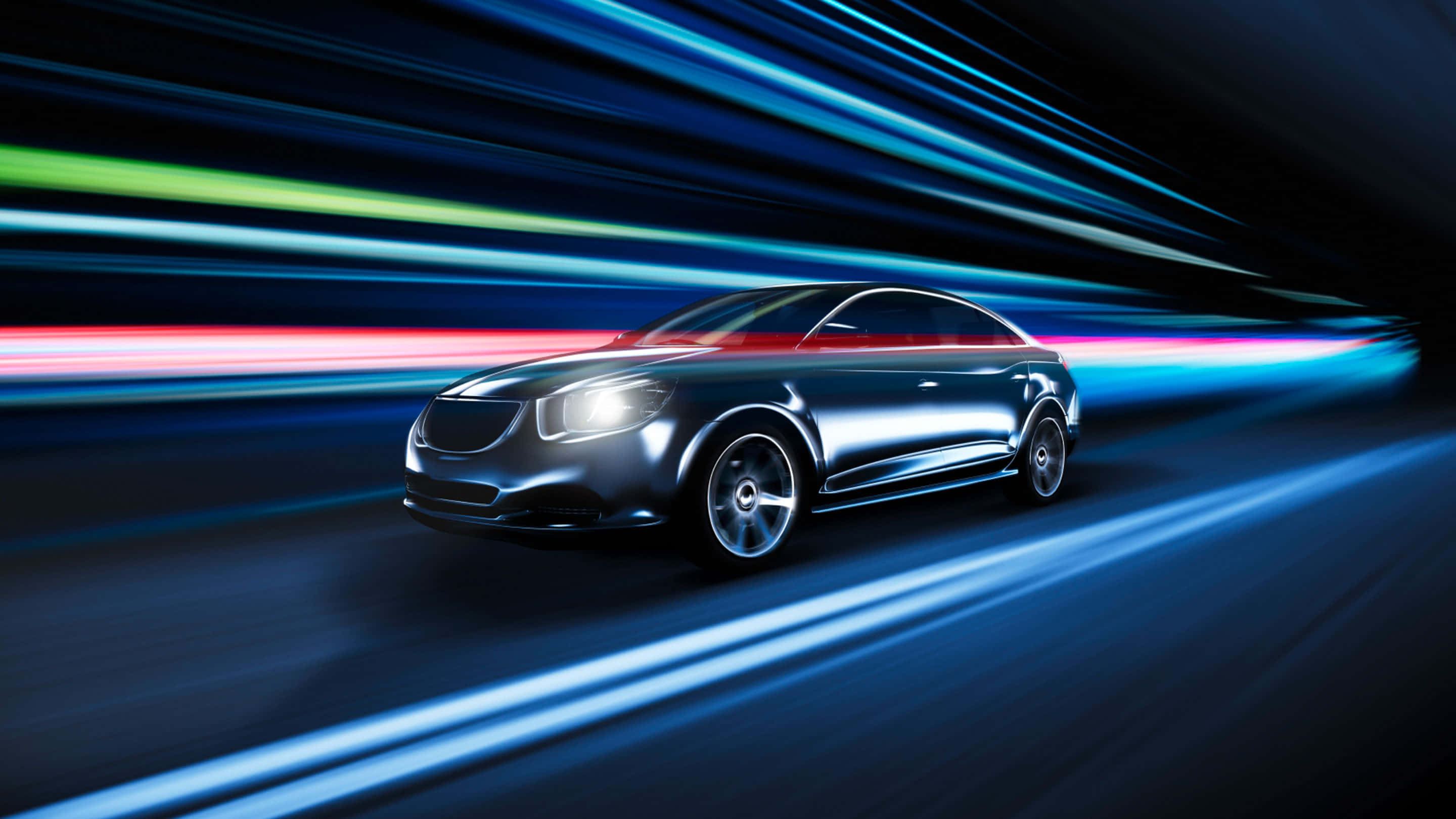 Car Technology 桌布 壁紙 — 一輛時尚的銀色汽車在充滿電光藍、綠和紅色鮮豔霓虹燈條的隧道中疾馳。