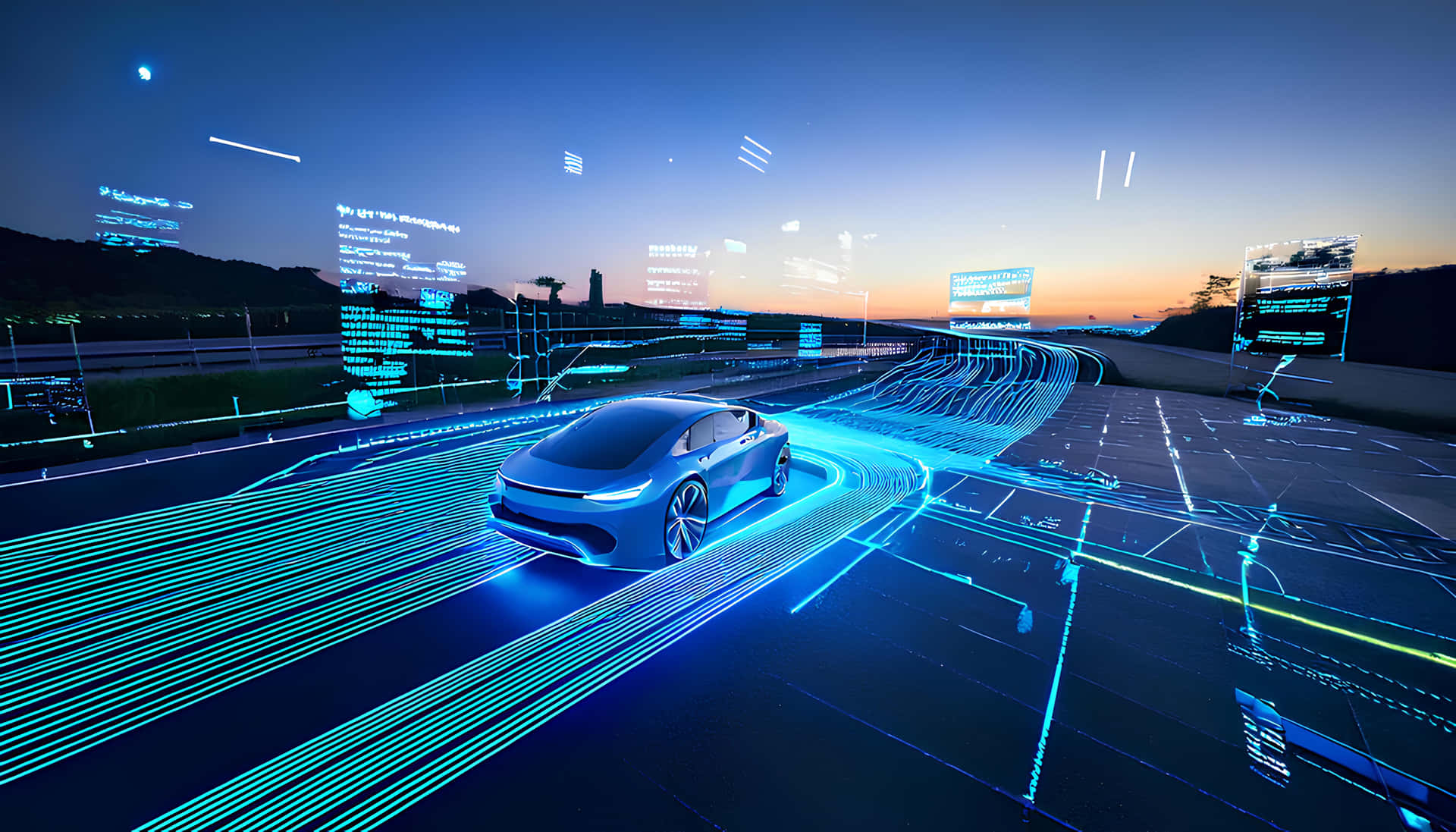 Electric car 壁紙 — 一輛時尚的銀色汽車在暮色天空下，伴隨著浮動的數據流，在發光的藍色數位高速公路上滑行。
