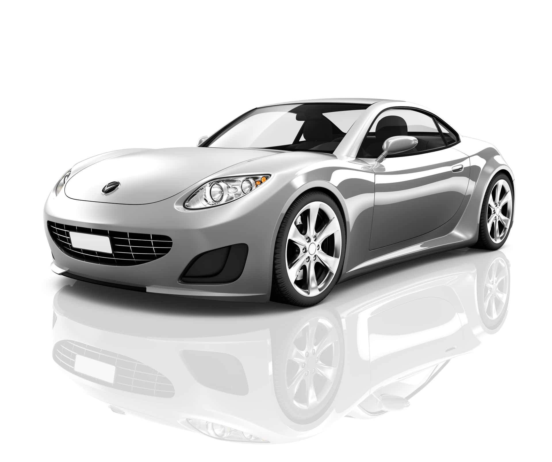 Silver Sports Car 壁紙 — 一輛時尚的銀色跑車，具有光澤飾面和黑色點綴，在帶有反射白色地板的攝影棚中展示。