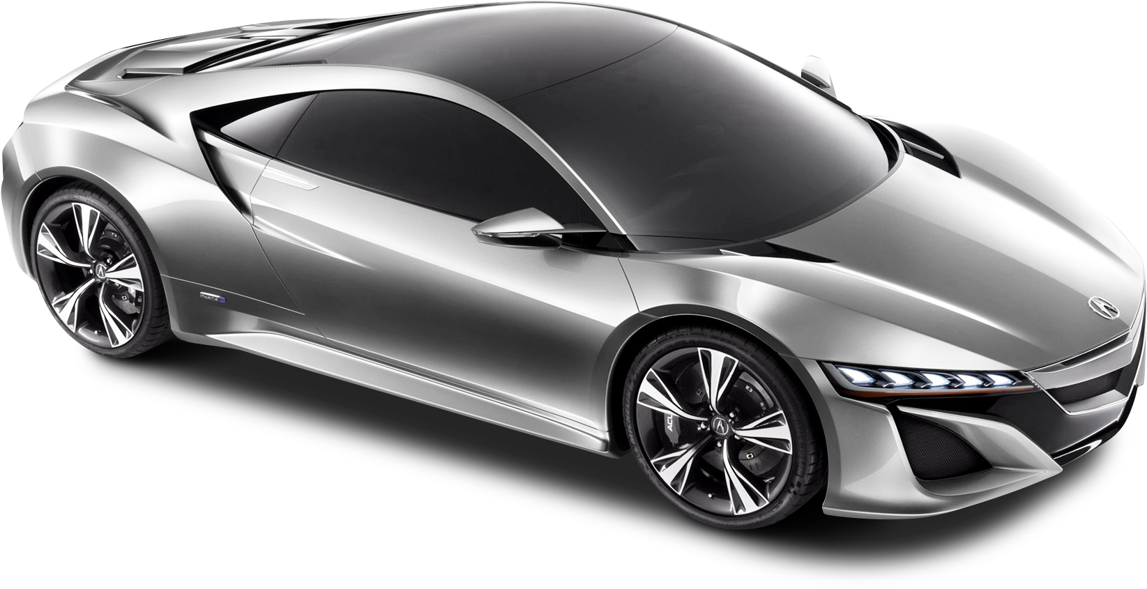 Acura 桌布 壁紙 — 一輛時尚的銀色跑車，具有空氣動力學曲線和發光的車頭燈，孤立地矗立在黑色背景上。