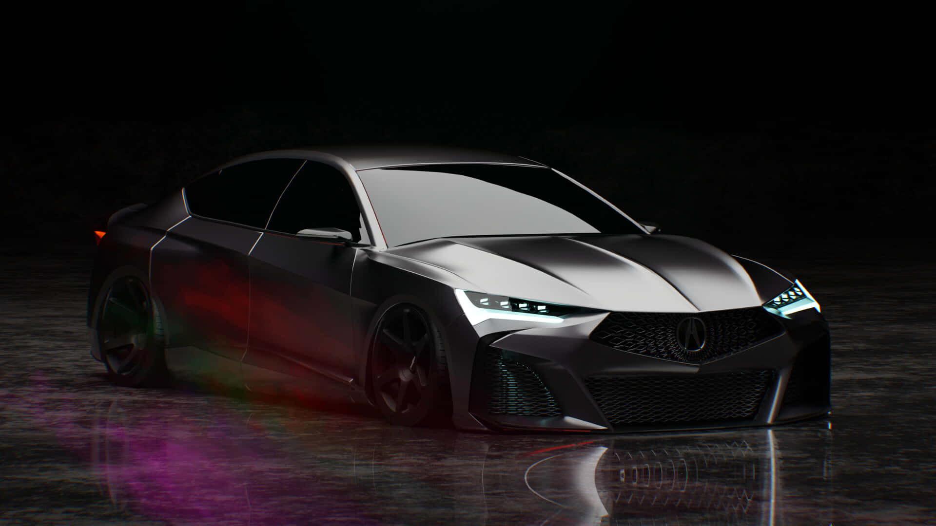 Acura Integra 桌布 壁紙 — 一輛時尚的銀色跑車，在黑暗潮濕的路面上閃爍著車頭燈和充滿活力的紫色倒影。