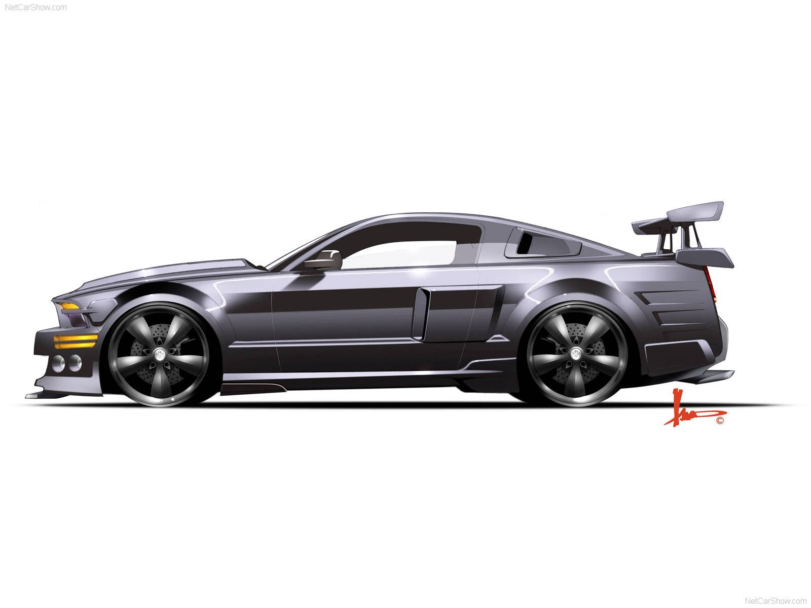 mustang HD 桌布 壁紙 — 一輛時尚的銀色跑車，帶有大型後擾流板和定制輪圈，在純白色背景上以側面輪廓展示。