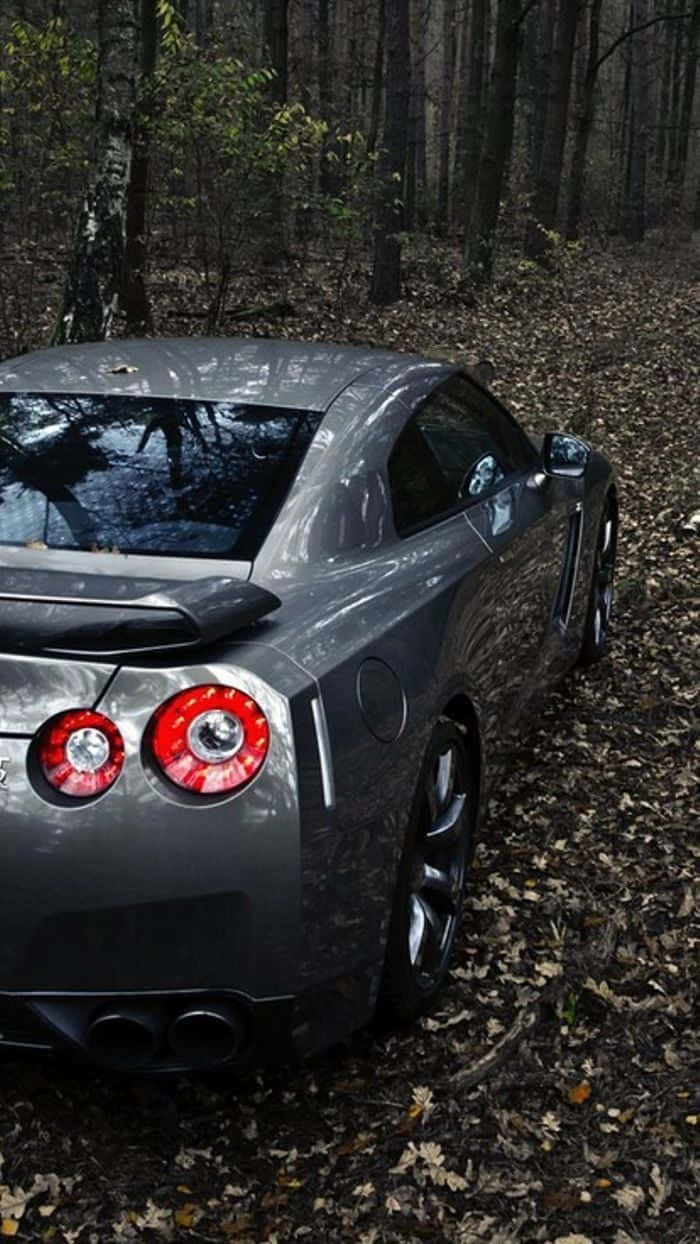 汽車 4K 桌布 壁紙 — 一輛時尚的銀色跑車，帶有發光的紅色尾燈，停在落葉覆蓋的森林地面上。