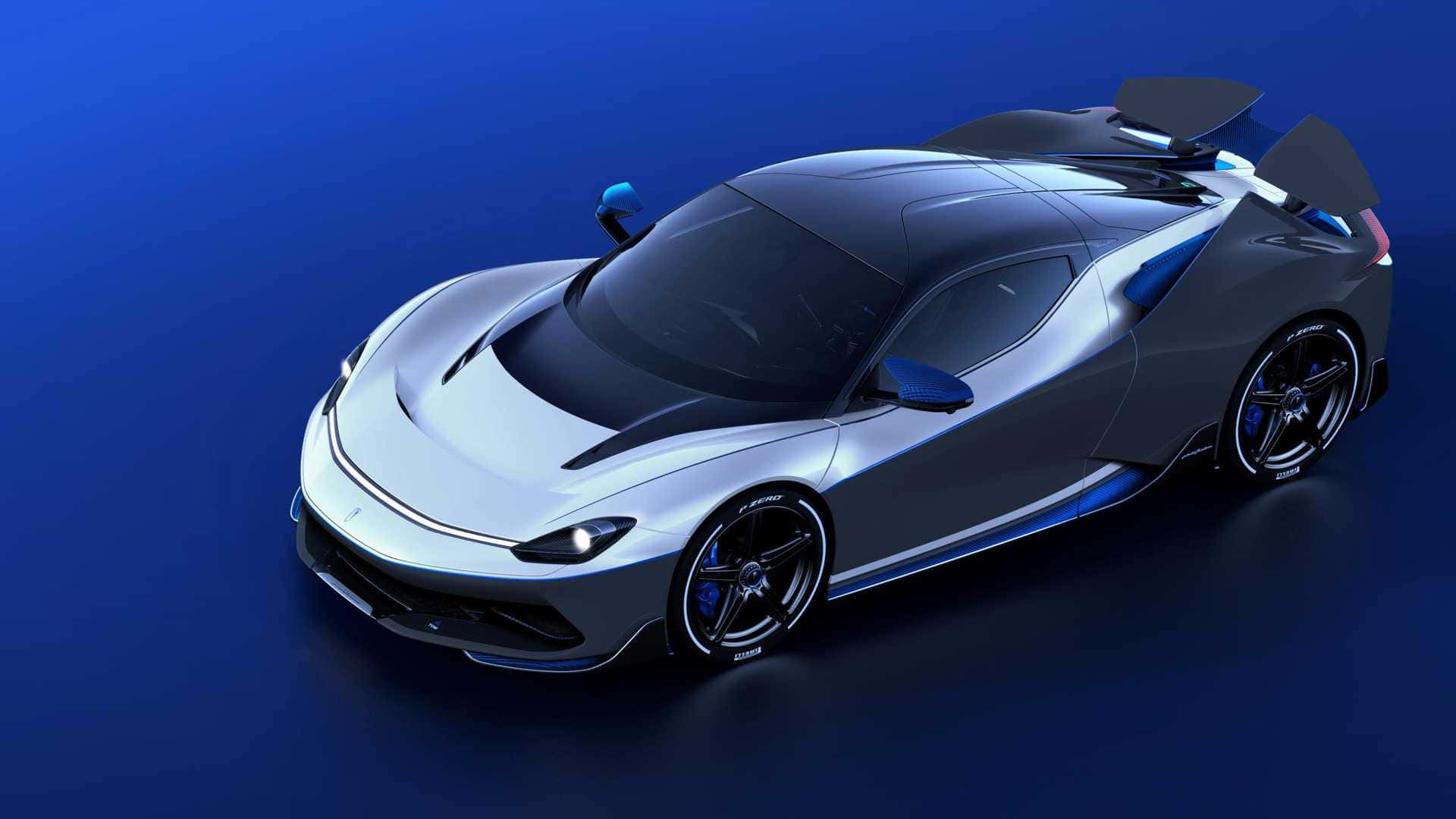 Pininfarina 桌布 壁紙 — 一輛時尚的銀色跑車，帶有藍色點綴和黑色輪圈，在深藍色漸變背景上展示。