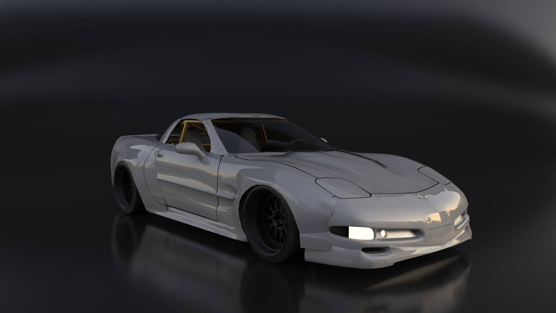 corvette 桌布 壁紙 — 一輛時尚的銀色跑車，配備黑色輪圈和發光車頭燈，在攝影棚燈光下停放在反光的深色表面上。