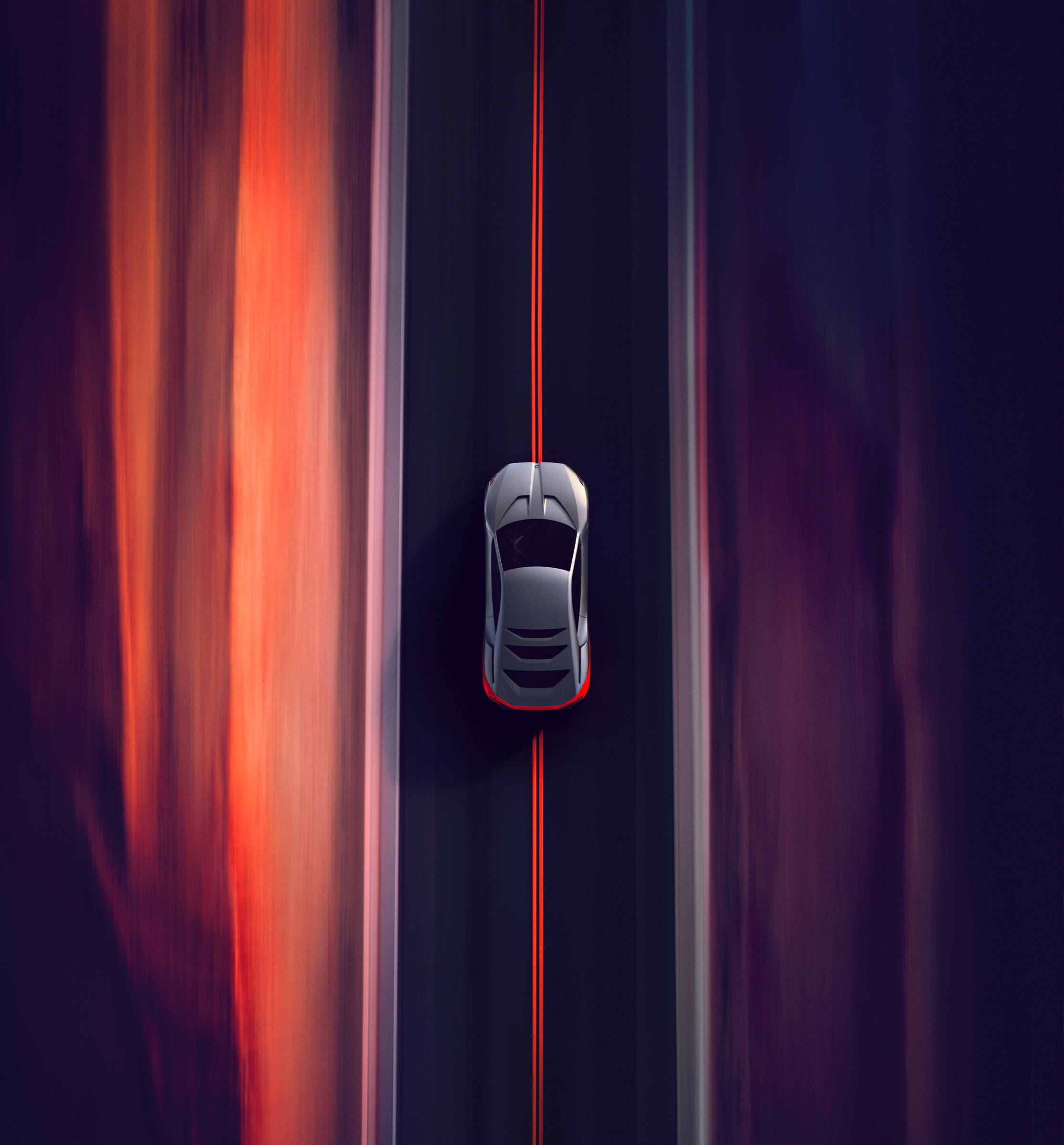 m 桌布 壁紙 — 一輛時尚的銀色跑車在夜晚的黑暗道路上奔馳，兩側伴隨著鮮紅色的動態模糊條紋。