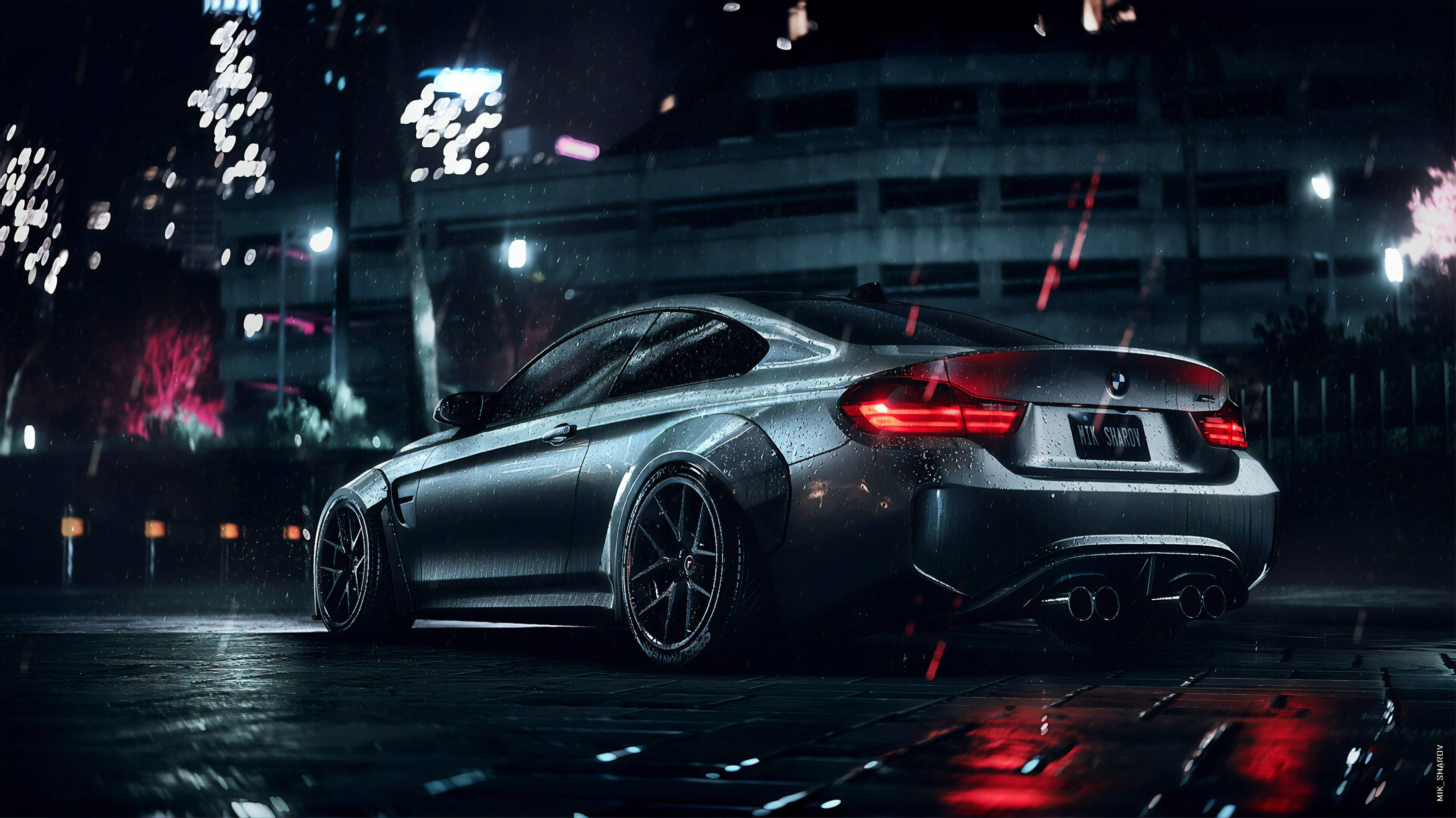 4K BMW 壁紙 桌布 壁紙 — 一輛時尚的銀色跑車在夜間濕漉漉的城市街道上，在霓虹燈下閃閃發光，水滴在其表面閃爍。