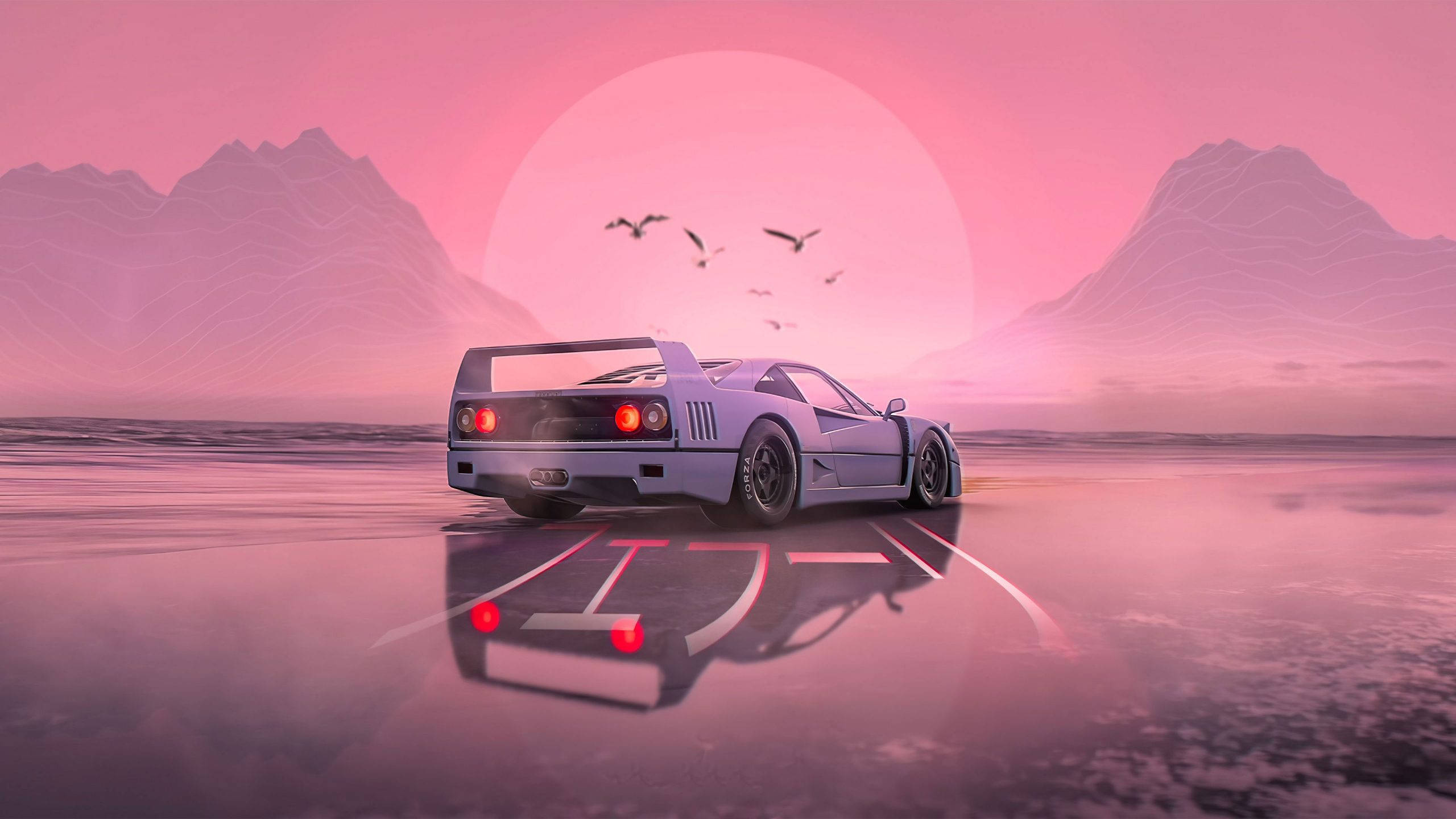 動漫車 桌布 壁紙 — 一輛時尚的銀色跑車在濕漉漉的路面上反射，背景是巨大的粉紅色太陽、山脈和飛鳥。
