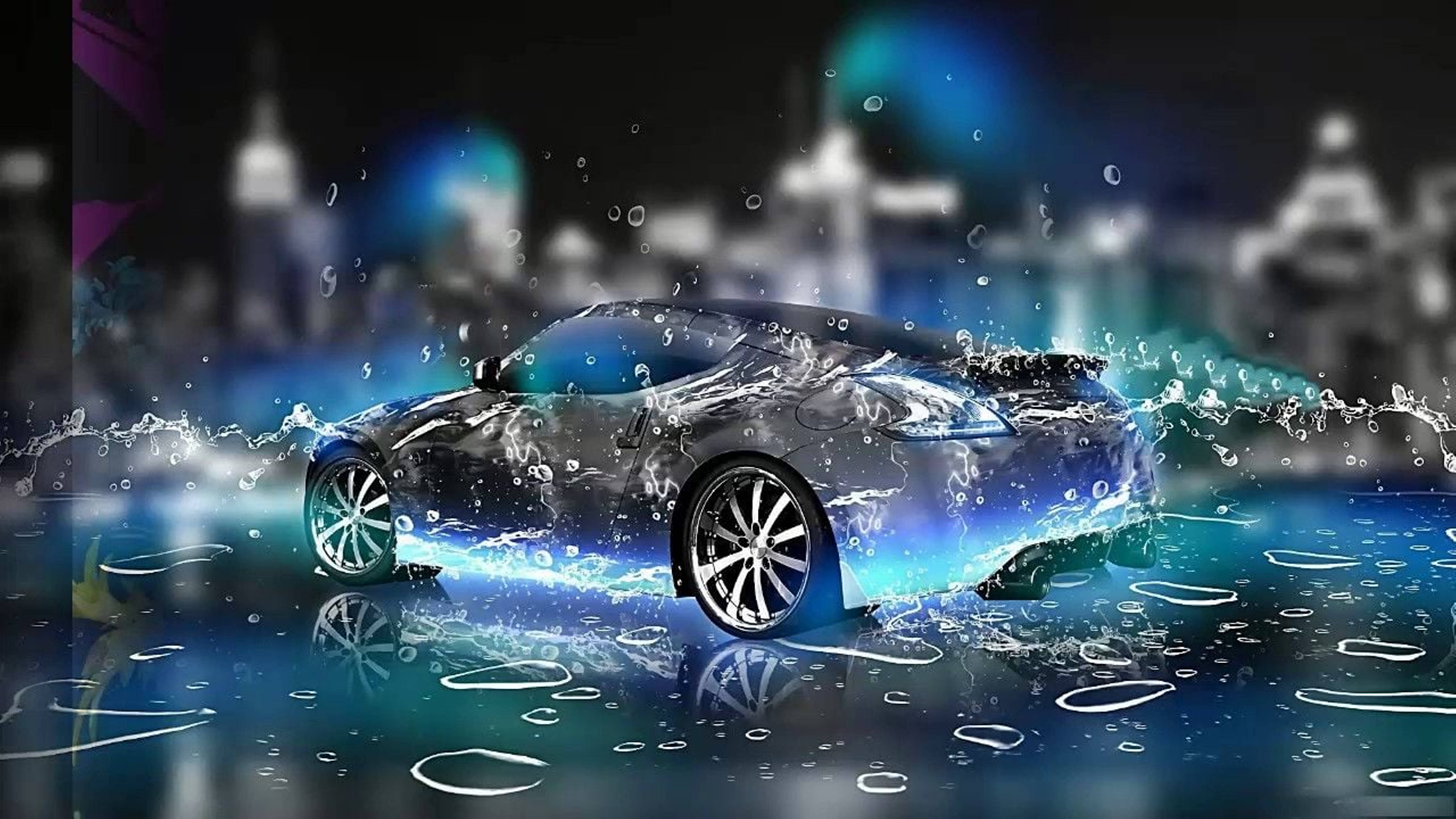 高清 桌布 壁紙 — 一輛時尚的銀色跑車在發光的藍色水中飛馳，背景是模糊的城市燈光。