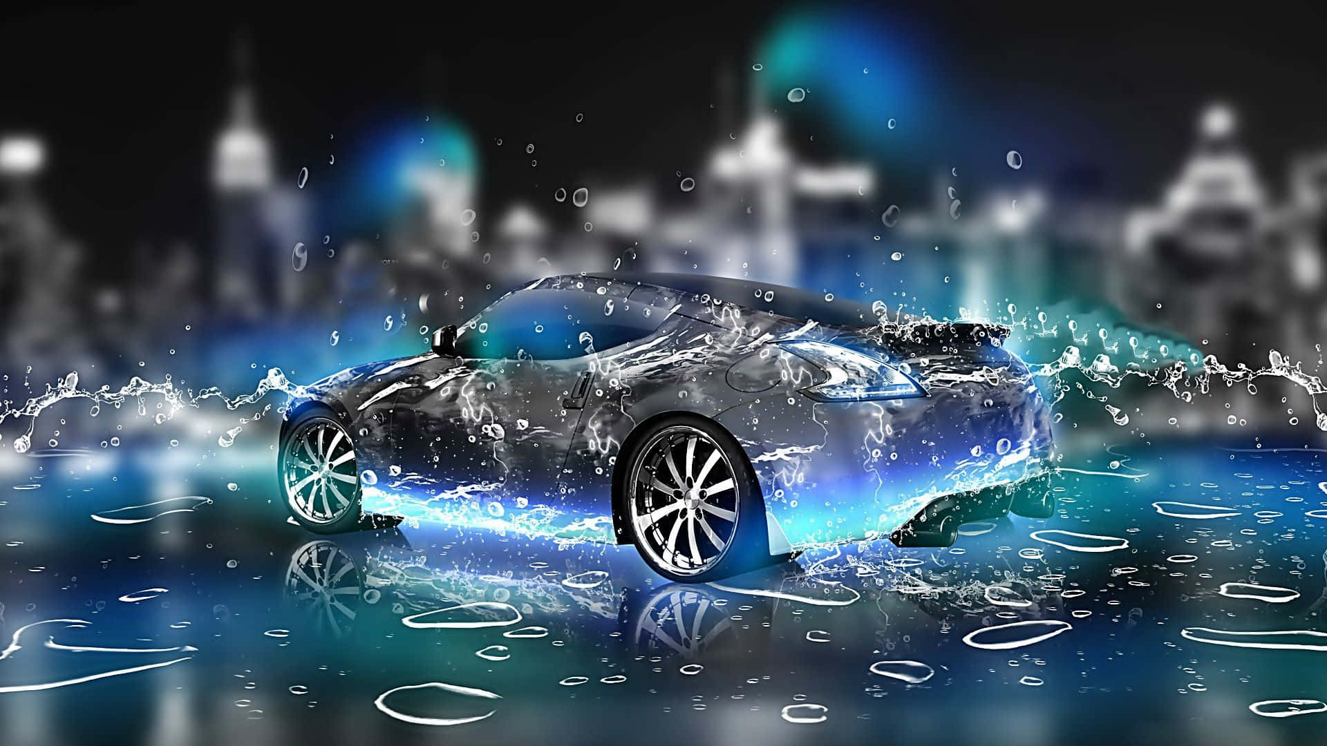 Cool Car 桌布 壁紙 — 一輛時尚的銀色跑車在發光的藍色水中疾馳，背景是模糊的城市燈光。