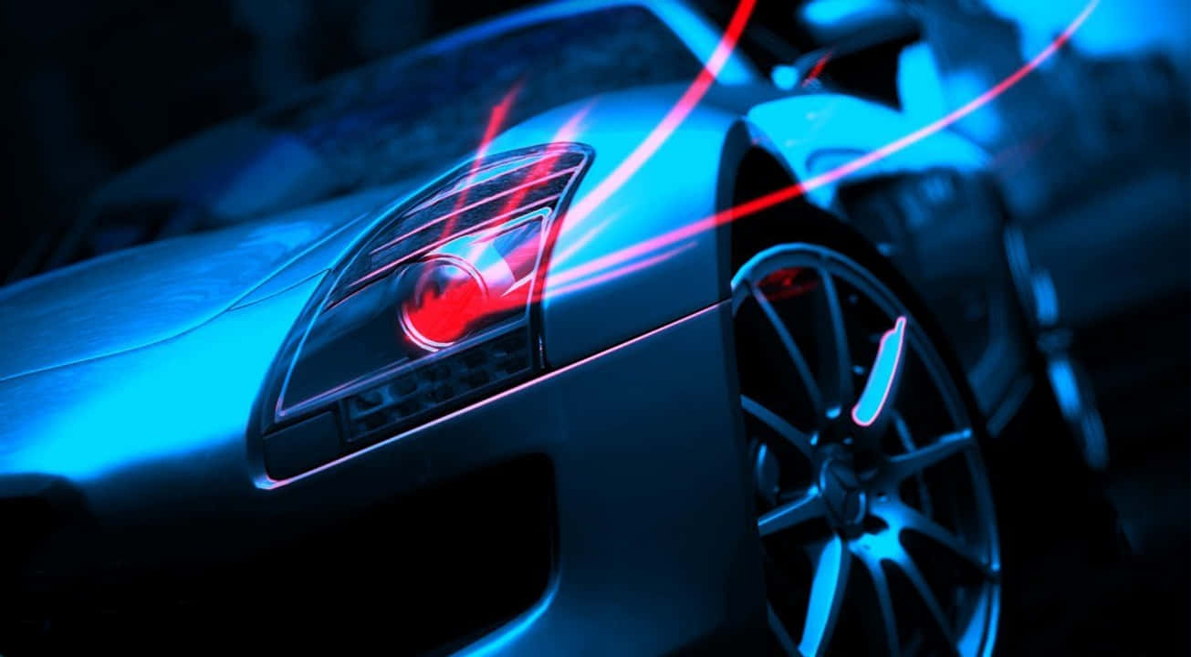 跑車 桌布 壁紙 — 一輛時尚的銀色跑車在霓虹藍光下閃耀，紅色動態模糊的條紋突出了其銳利的線條。