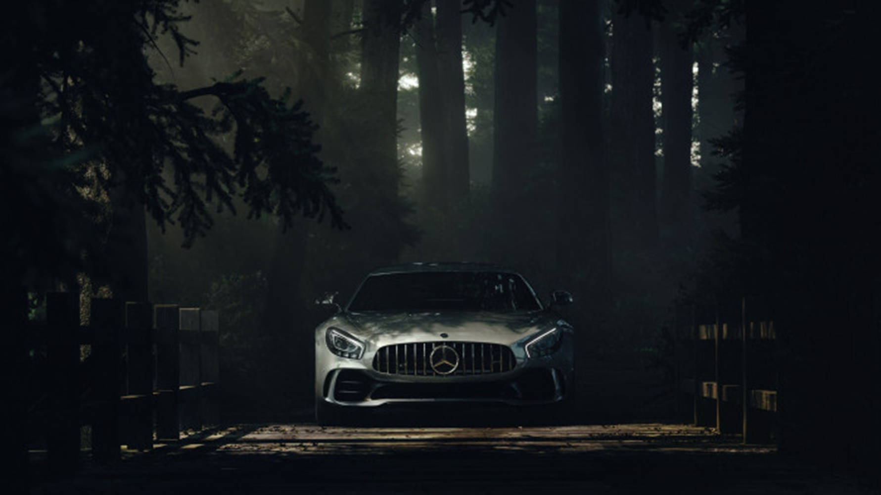 Mercedes 桌布 壁紙 — 一輛時尚的銀色跑車在霧氣籠罩的森林光線下閃耀，四周是高聳的樹木和一道木門。