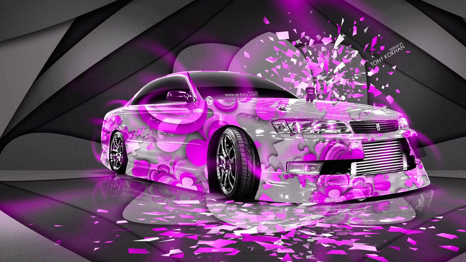 紫色五彩紙屑從黑暗隧道中的銀色跑車中爆出。