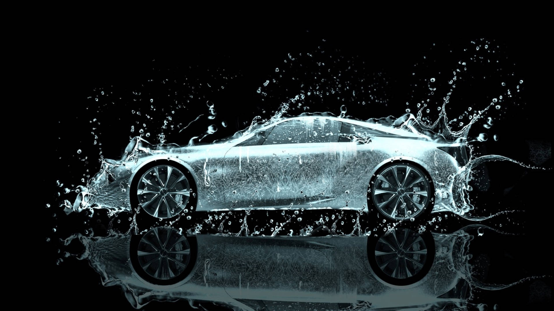 Wash 桌布 壁紙 — 一輛時尚的銀色跑車從水中衝出，在黑色背景上濺起動態水花。