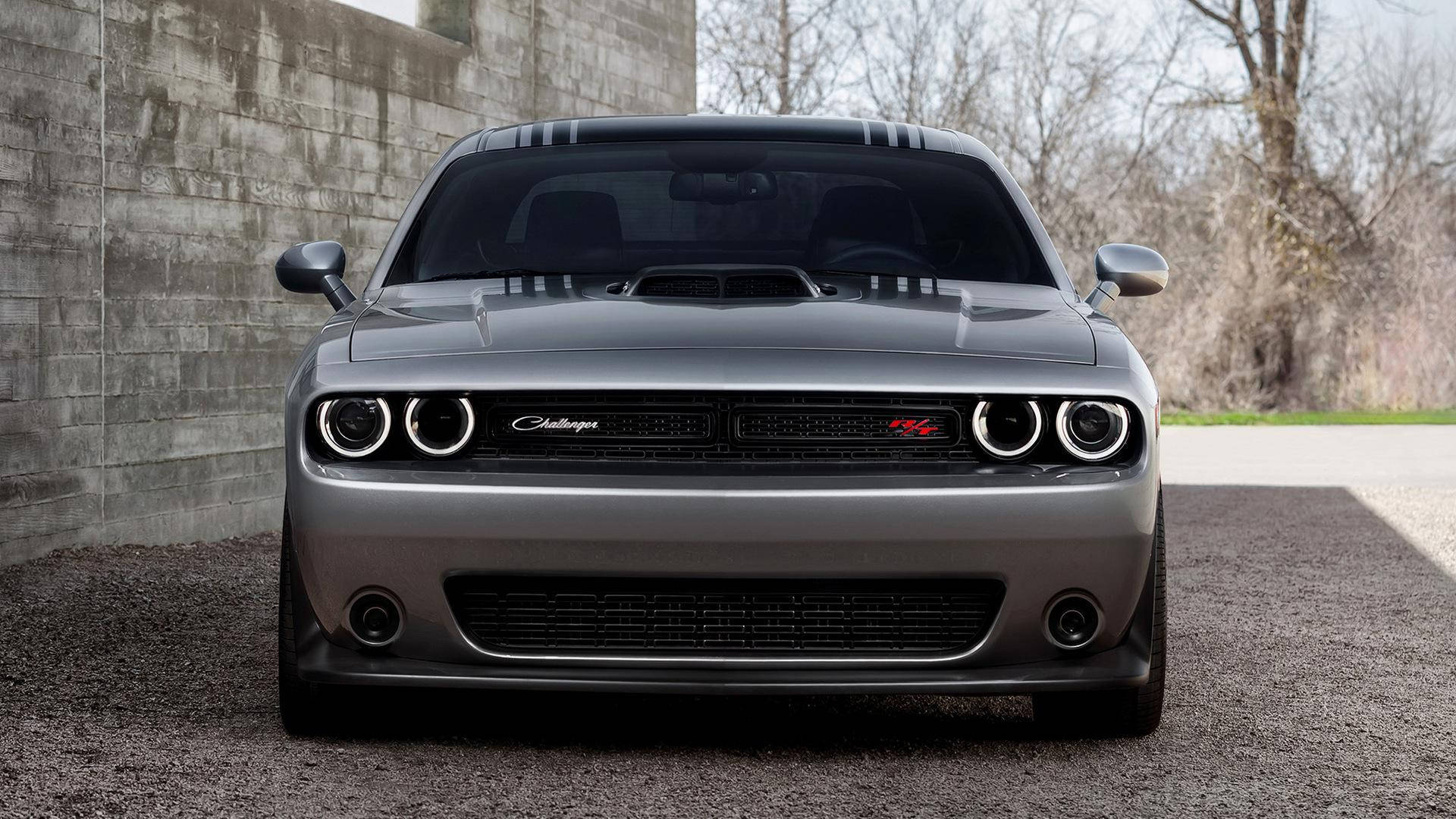 Challenger 桌布 壁紙 — 一輛時尚的銀色道奇挑戰者SRT Hellcat停在碎石上，旁邊是混凝土牆，背景是光禿禿的樹木。