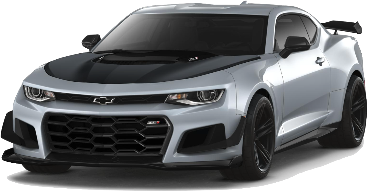 Clip Art 桌布 壁紙 — 一輛時尚的銀色雪佛蘭Camaro ZL1，帶有黑色飾件和侵略性造型，在純白背景前蓄勢待發。