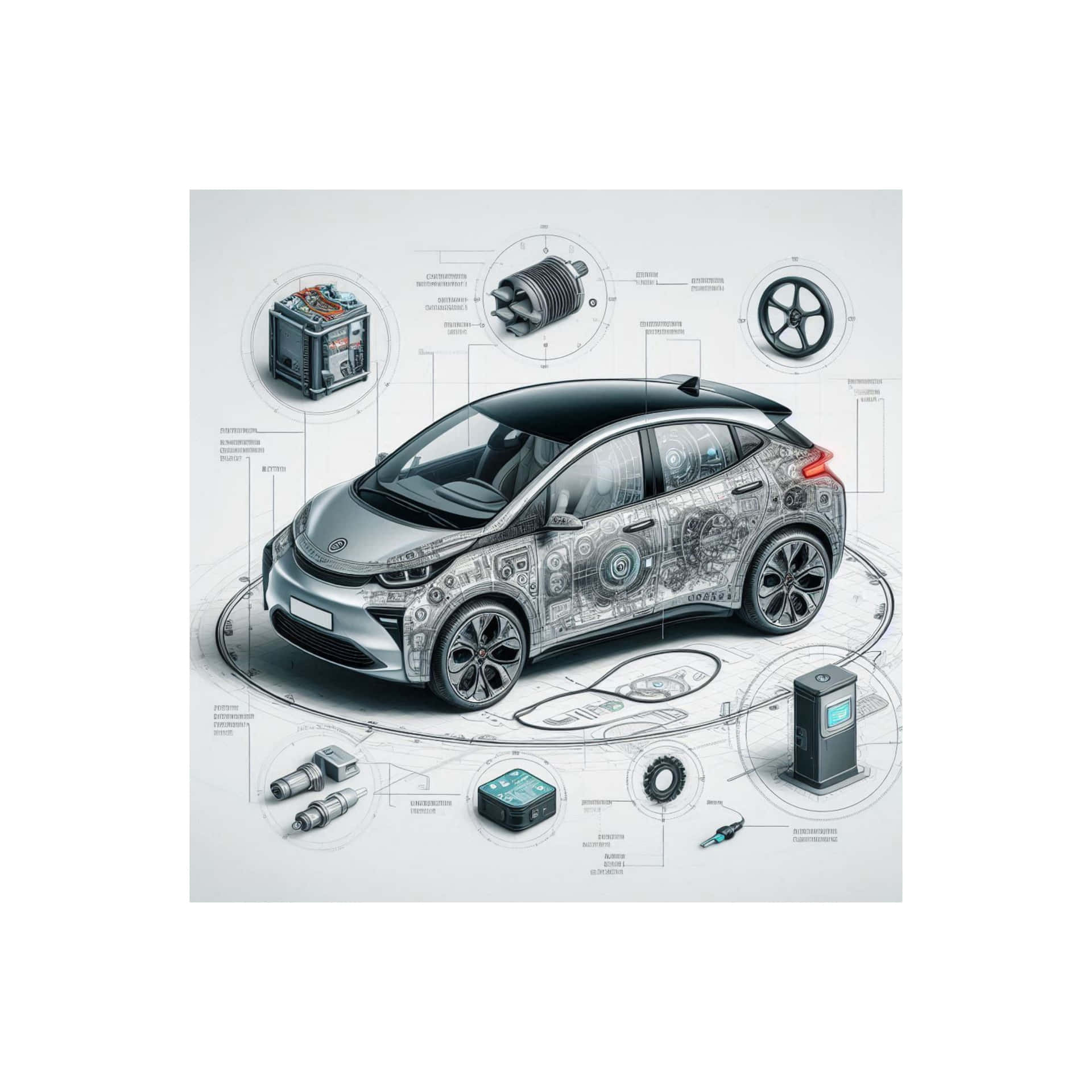 diagrammatic drawing  - diagrammatic electric car drawing6 壁紙 — 一輛時尚的銀色電動車以技術藍圖風格展示，帶有標籤的組件和周圍零件。