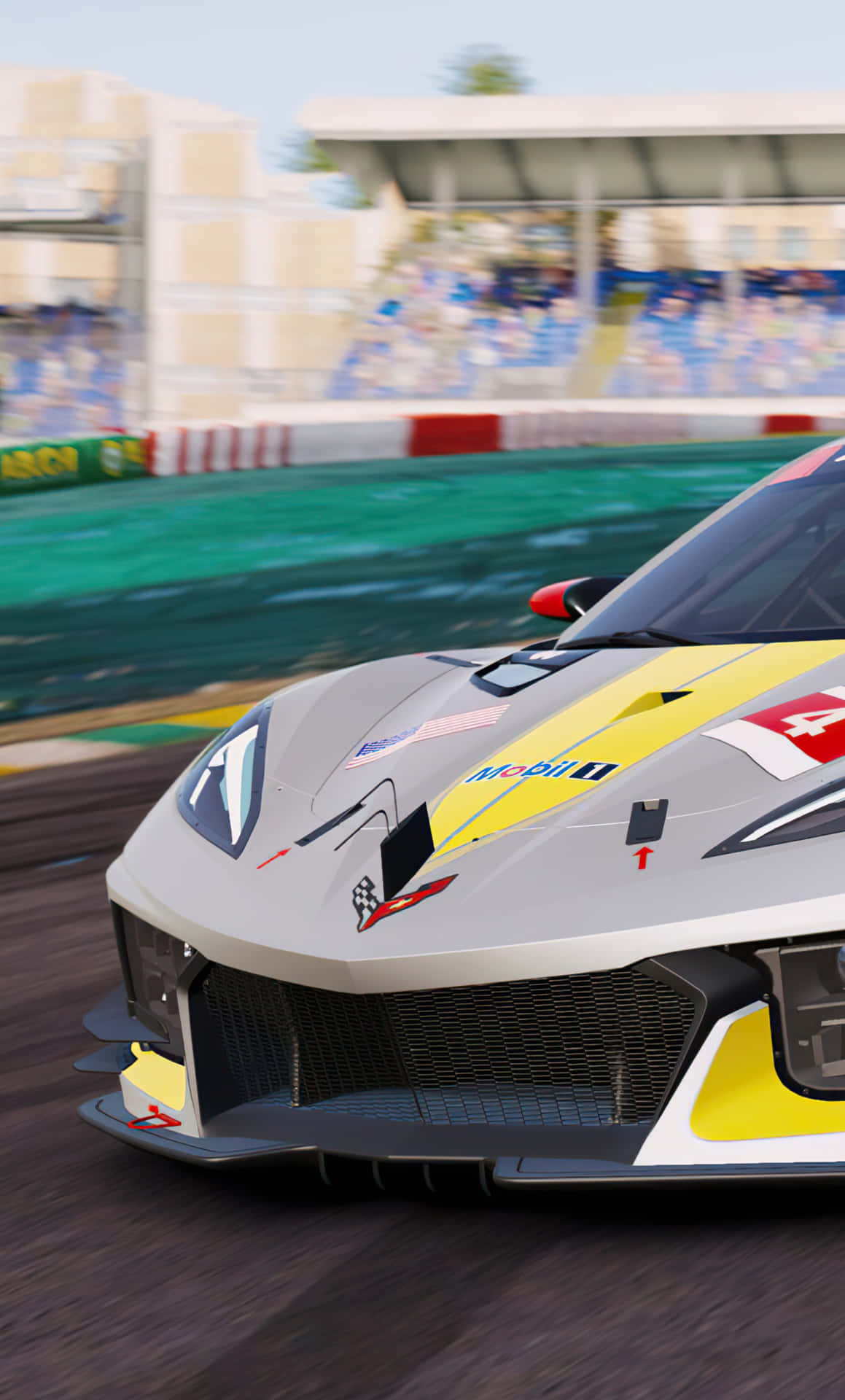 一輛高速賽車在賽道上，背景有觀眾。 — Project Cars 壁紙