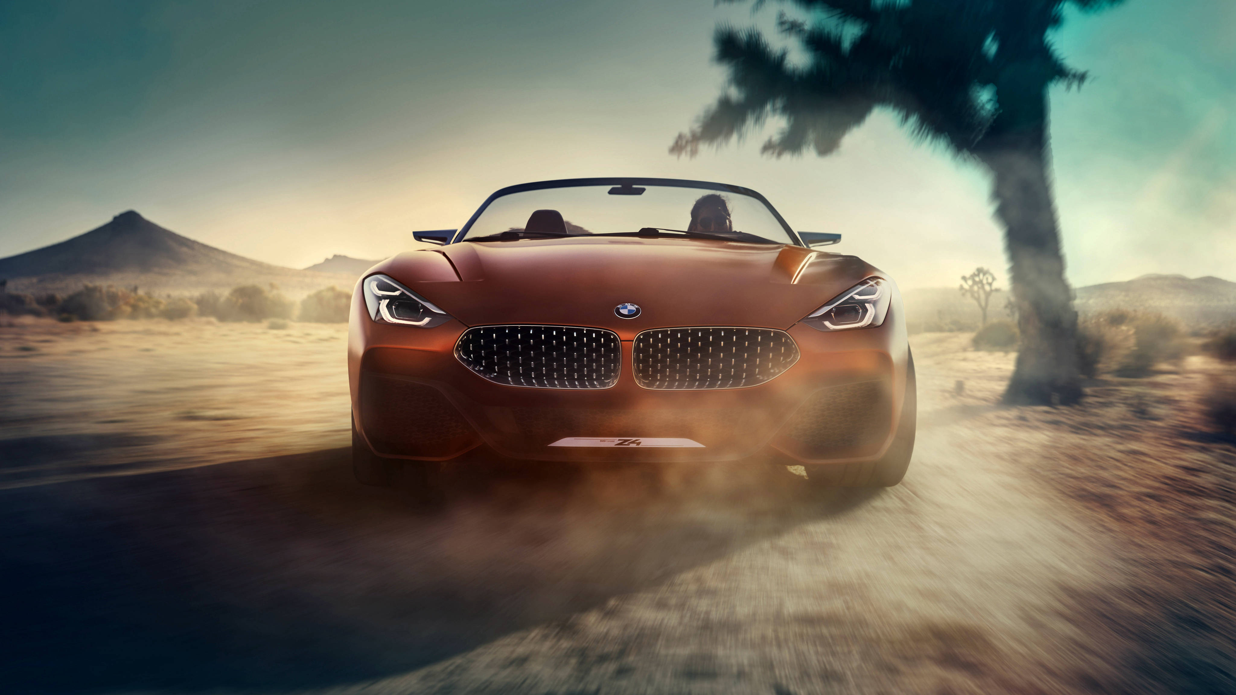 Windows 11 4K 桌布 壁紙 — 一輛時尚的銅色BMW Z4敞篷跑車在塵土飛揚的沙漠公路上奔馳，背景有孤獨的棕櫚樹和遠山，天空朦朧。