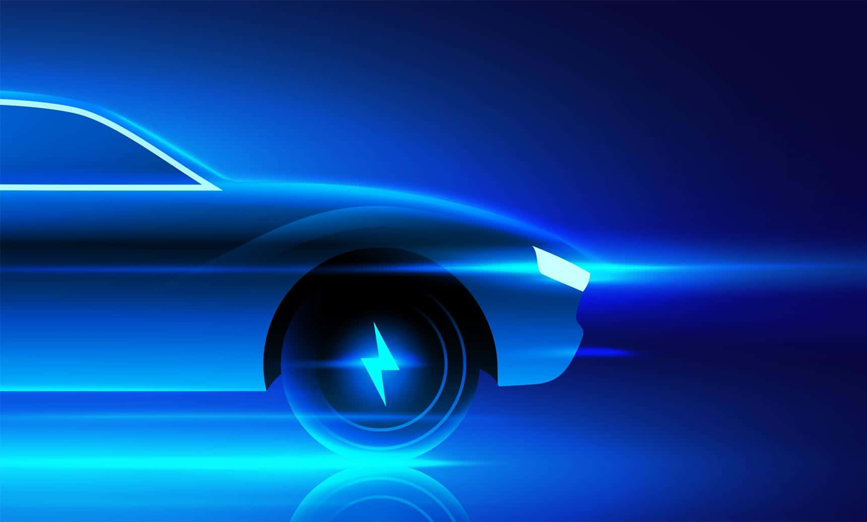 Electric 桌布 壁紙 — 一輛時尚的電動車在發光的藍色隧道中滑行，帶有霓虹燈軌跡和車輪上的閃電。