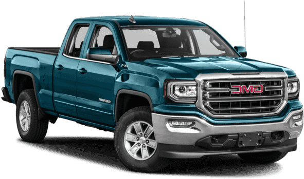 GMC 桌布 壁紙 — 一輛時尚的青色GMC Sierra皮卡車，帶有鍍鉻裝飾和銀色輪圈，孤立地立在黑色背景上。