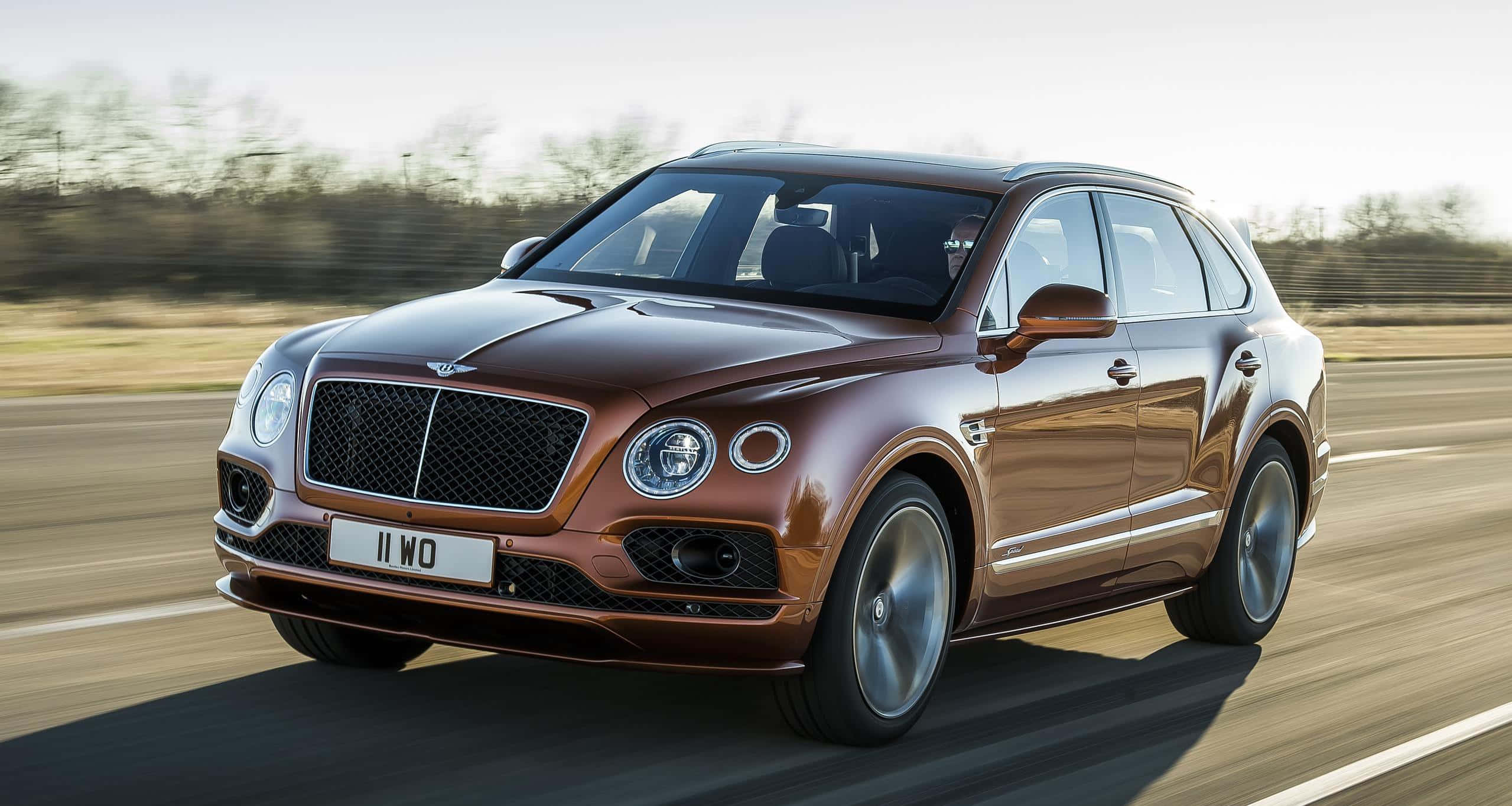 Bentley Bentayga 桌布 壁紙 — 一輛時尚的青銅色賓利Bentayga SUV在陽光明媚的高速公路上飛馳，模糊的背景強調了動感。