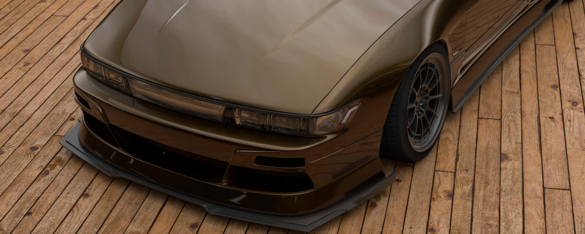 Nissan 180sx 桌布 壁紙 — 一輛時尚的青銅色跑車配備定制寬體套件，停放在溫暖的木地板上，展示其侵略性的前臉設計。