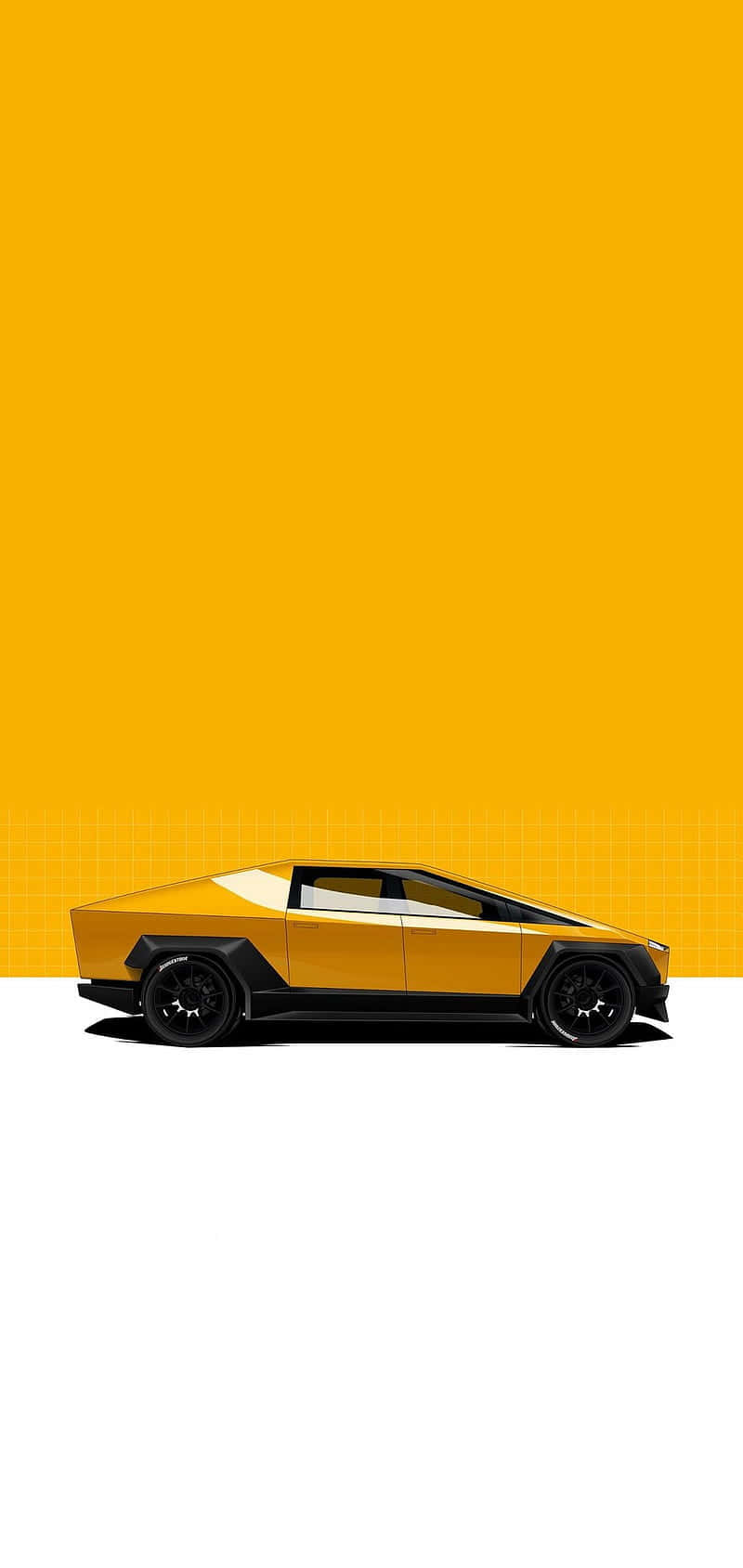 Tesla Cybertruck 桌布 壁紙 — 一輛時尚的黃色 Tesla Cybertruck 側面展示在帶有細微網格紋理的醒目黃色漸變背景上。