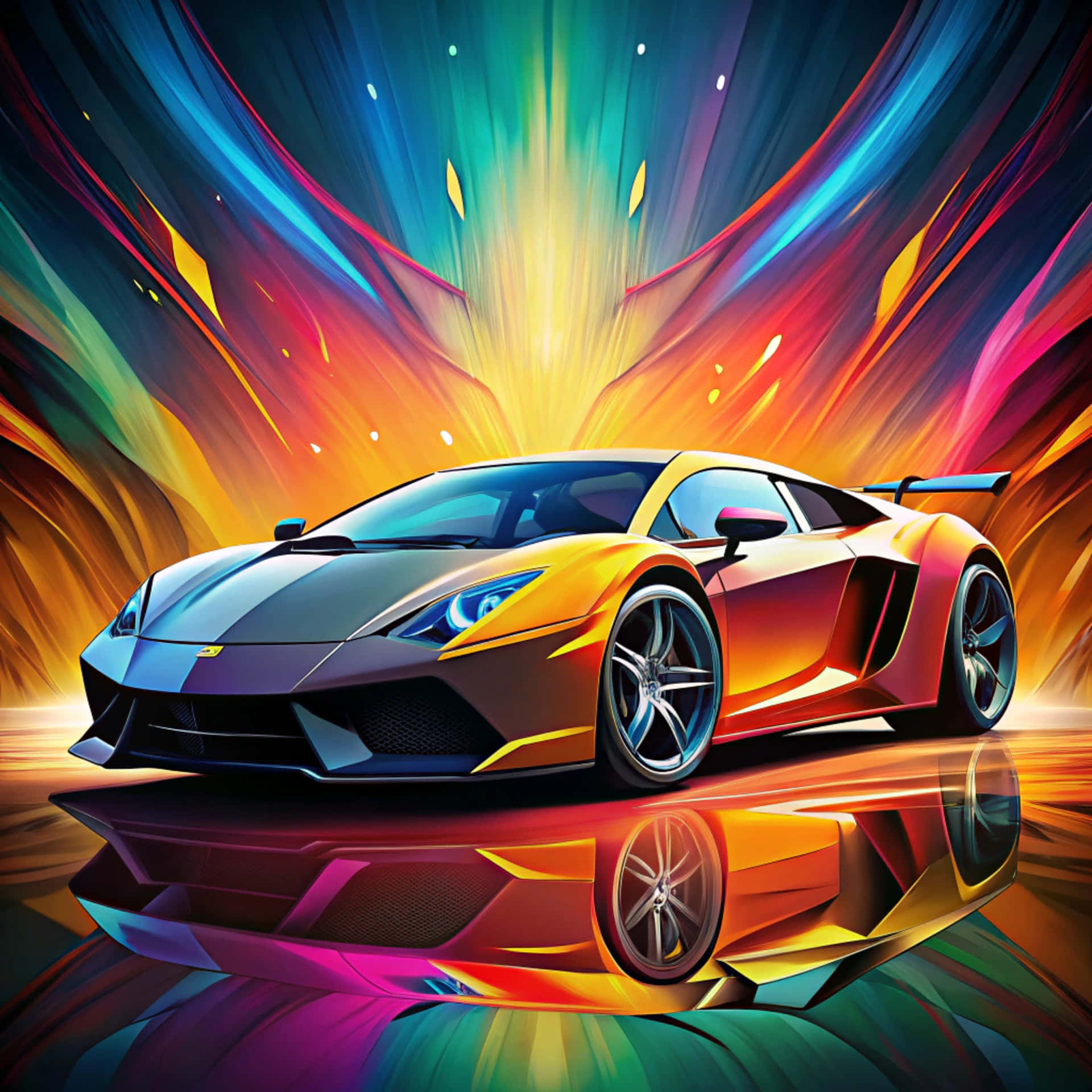 Sports car 壁紙 — 一輛時尚的黃色跑車，帶有黑色飾邊和發光的藍色車頭燈，位於反光表面中央，周圍環繞著充滿活力的彩虹運動條紋。