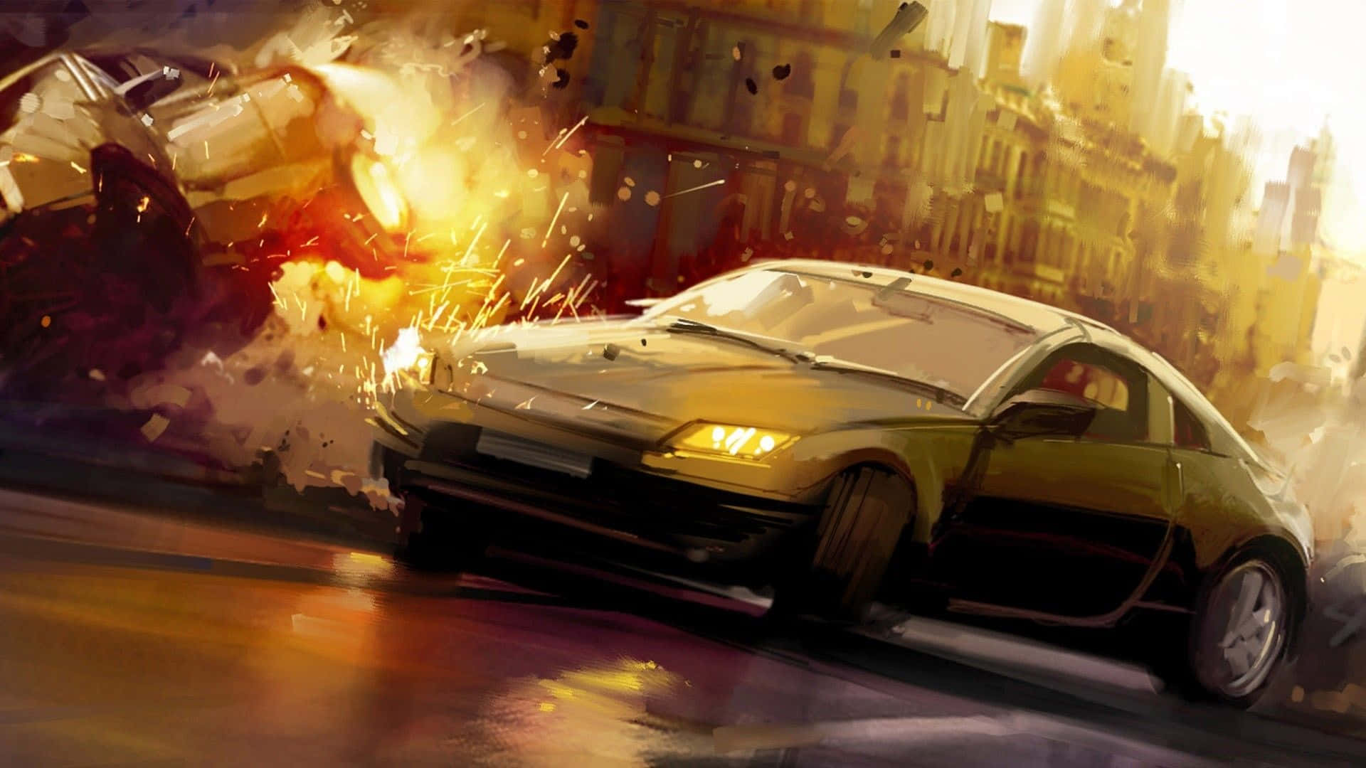 Racing Games 桌布 壁紙 — 一輛時尚的黃色跑車在城市的街道上飛馳，身後發生爆炸，火花和煙霧四濺。