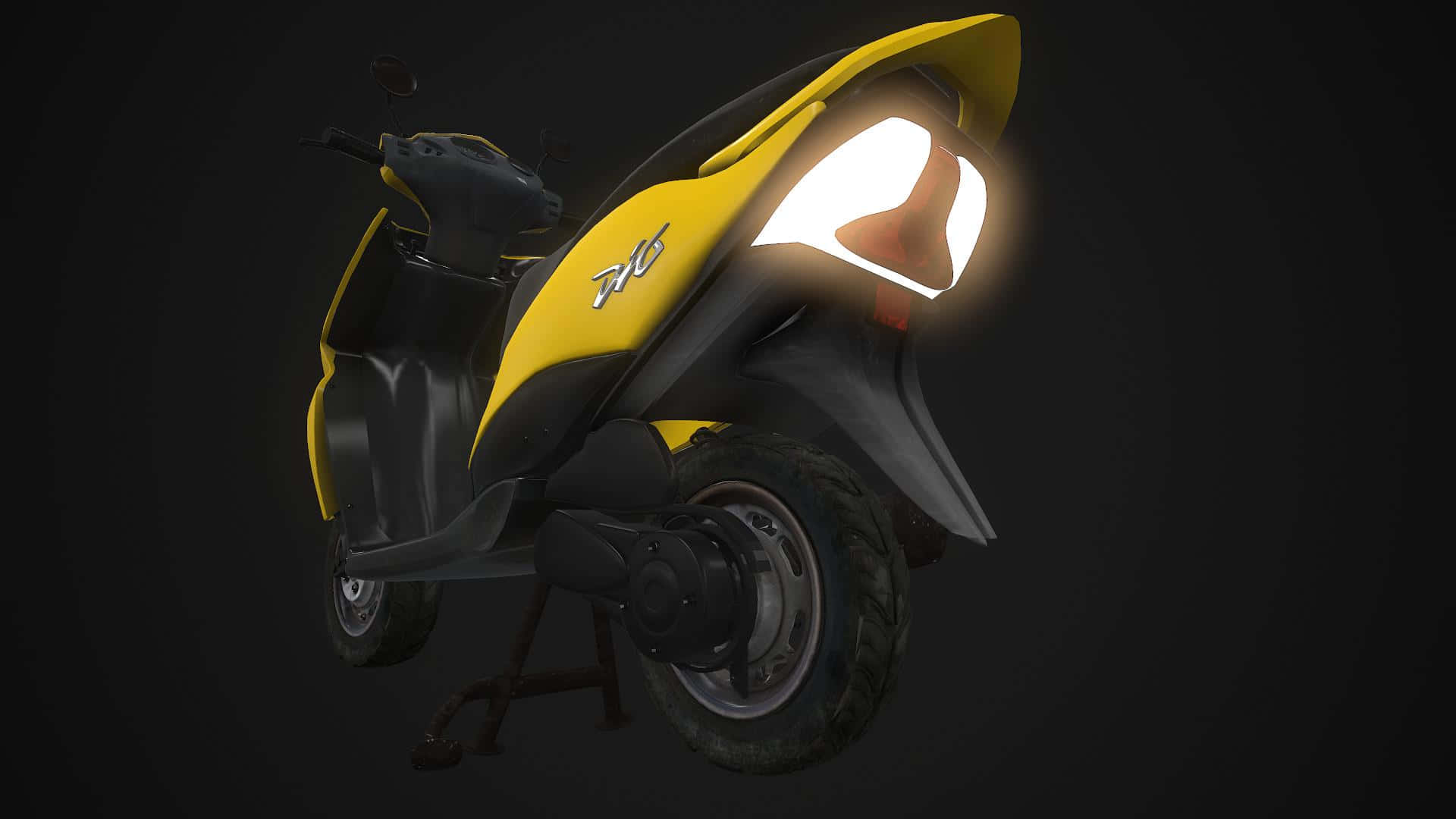 render 桌布 壁紙 — 一輛時尚的黃黑相間機車，車頭燈閃閃發光，在黑暗的攝影棚背景下蓄勢待發。