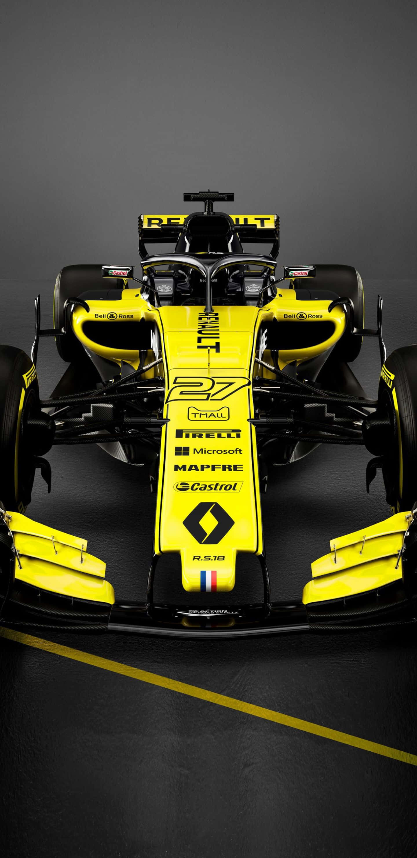 Formula 1 桌布 壁紙 — 一輛時尚的黃黑配色一級方程式賽車，車號27，從正面展示在帶有黃色線條的深色攝影棚地板上。