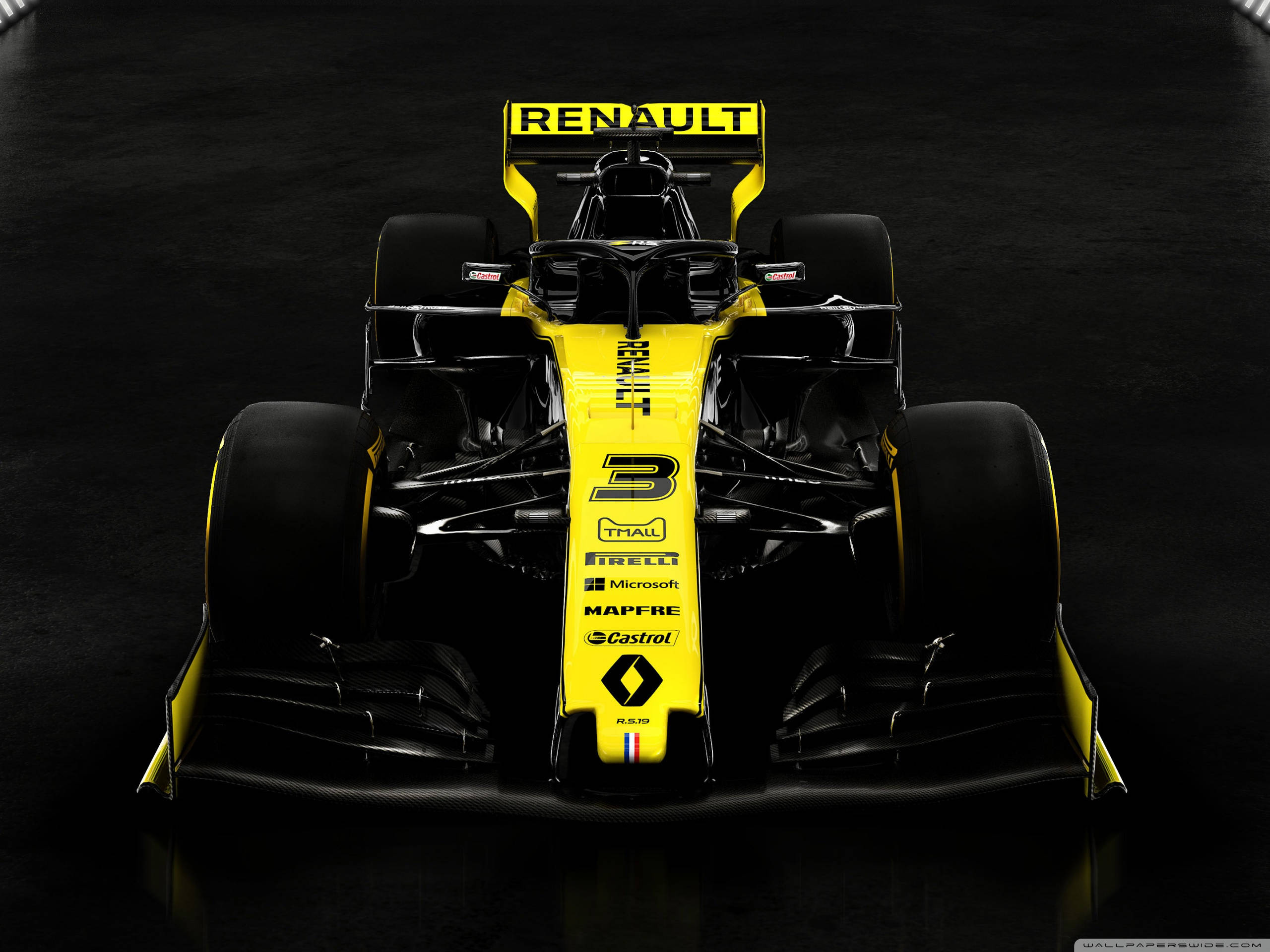 Formula One 桌布 壁紙 — 一輛時尚的黃黑雷諾一級方程式賽車，號碼3，在工作室燈光下從正面展示在深色反光表面上。
