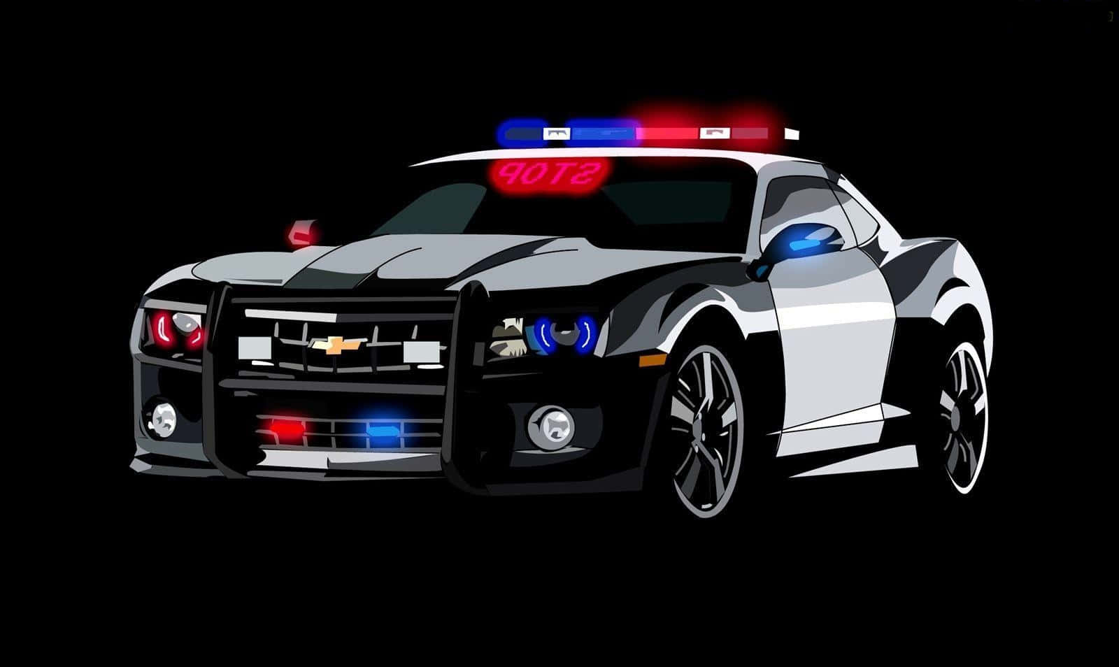 Police Car 桌布 壁紙 — 一輛時尚的黑白警車，車頂有閃爍的紅藍燈和停車標誌。
