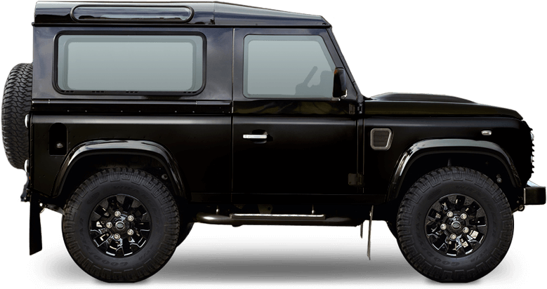 荒原路華 桌布 壁紙 — 一輛時尚的黑色 Land Rover Defender 側面展示在透明背景上，下方帶有微妙的紅色光芒。