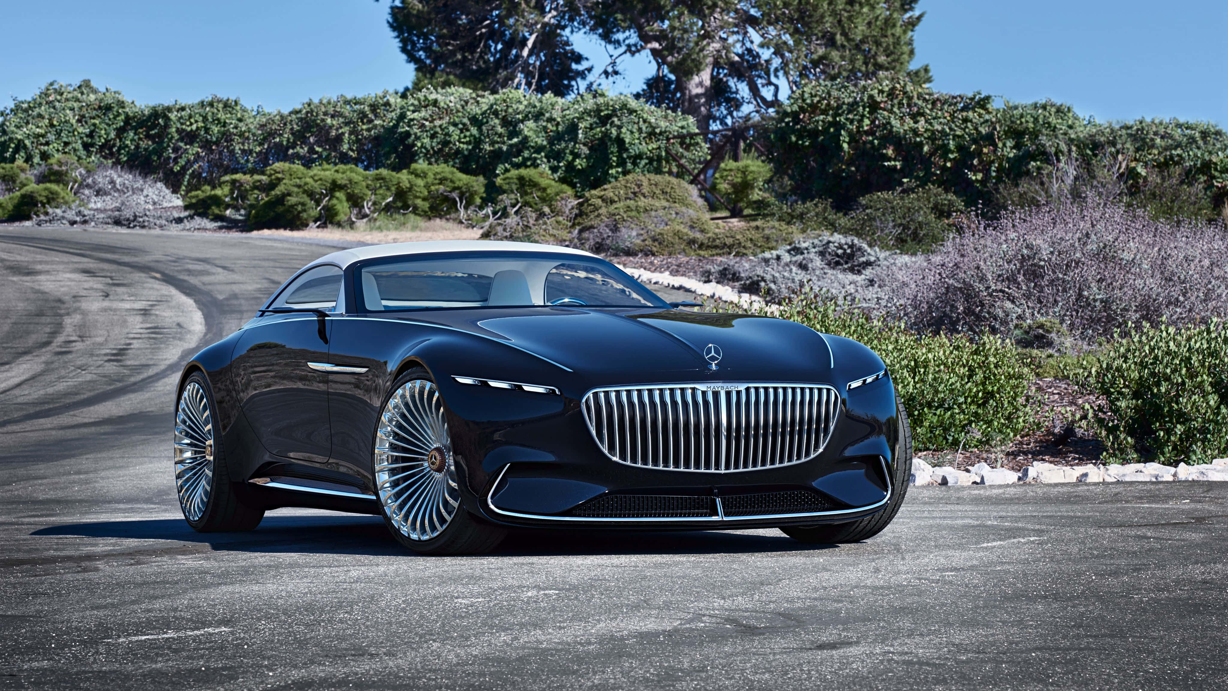 Maybach 桌布 壁紙 — 一輛時尚的黑色 Mercedes-Maybach 豪華雙門轎跑車停在蜿蜒的柏油路上，周圍環繞著綠色灌木和樹木，天空清澈湛藍。