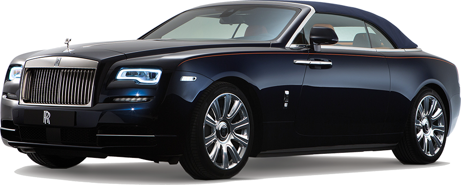 勞斯萊斯 桌布 壁紙 — 一輛時尚的黑色 Rolls Royce Dawn 敞篷車，帶有鍍鉻飾邊和發光車頭燈，在柔和的漸變背景前矗立。