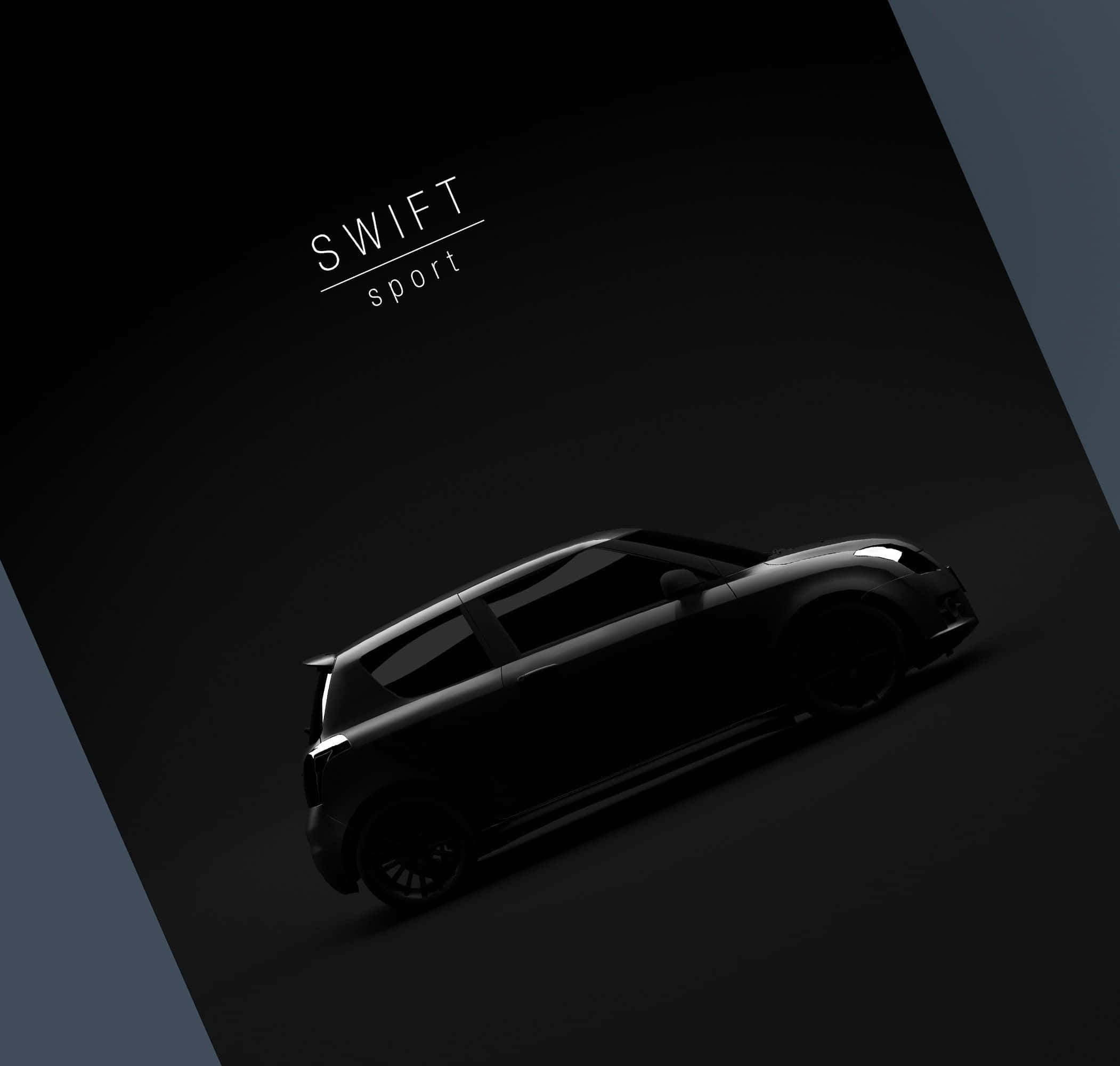 Minimalist Car 桌布 壁紙 — 一輛時尚的黑色 Swift Sport 汽車在深色漸變背景上散發柔和光芒，搭配極簡白色文字。
