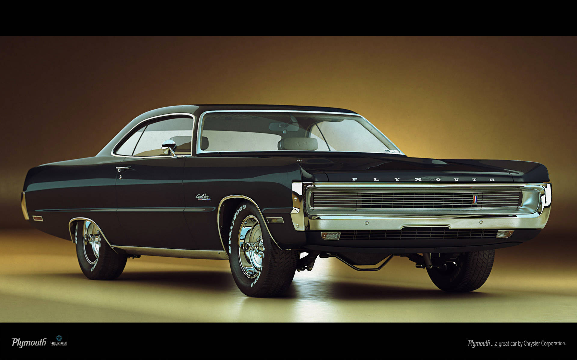經典汽車 桌布 壁紙 — 一輛時尚的黑色1960年代Plymouth肌肉車在溫暖漸變背景的攝影棚燈光下閃閃發光。
