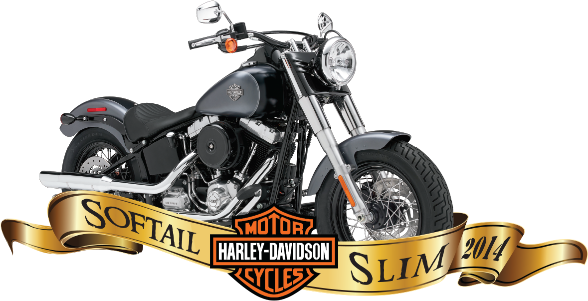 哈雷戴維森 桌布 壁紙 — 一輛時尚的黑色2014年Harley-Davidson Softail Slim摩托車，帶有鍍鉻裝飾和金色橫幅，在黑色背景上顯示其型號名稱。