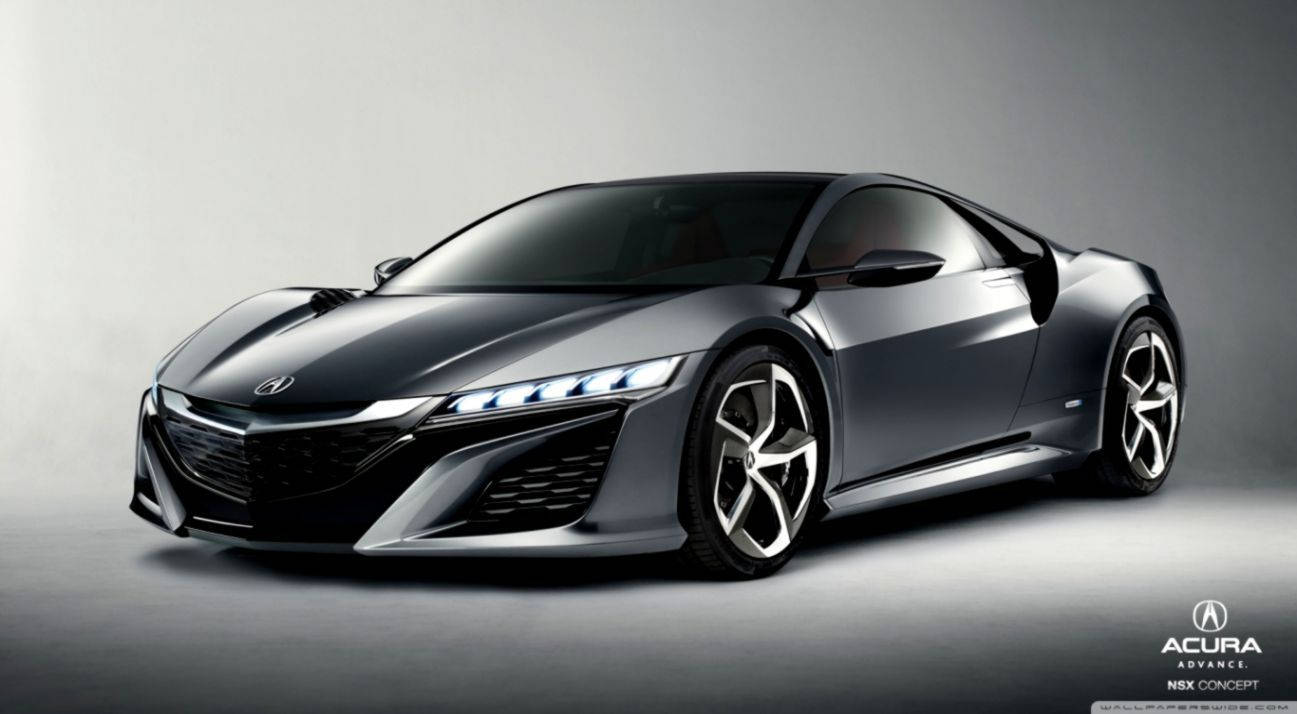 Acura 桌布 壁紙 — 一輛時尚的黑色Acura NSX Concept跑車，配備發光頭燈和銀色輪圈，在極簡灰色工作室背景下擺拍。