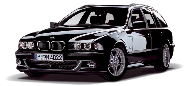 BMW 動圖 桌布 壁紙 — 一輛時尚的黑色BMW 5系旅行車，配備銀色輪圈和光澤飾面，在攝影棚燈光下展示。
