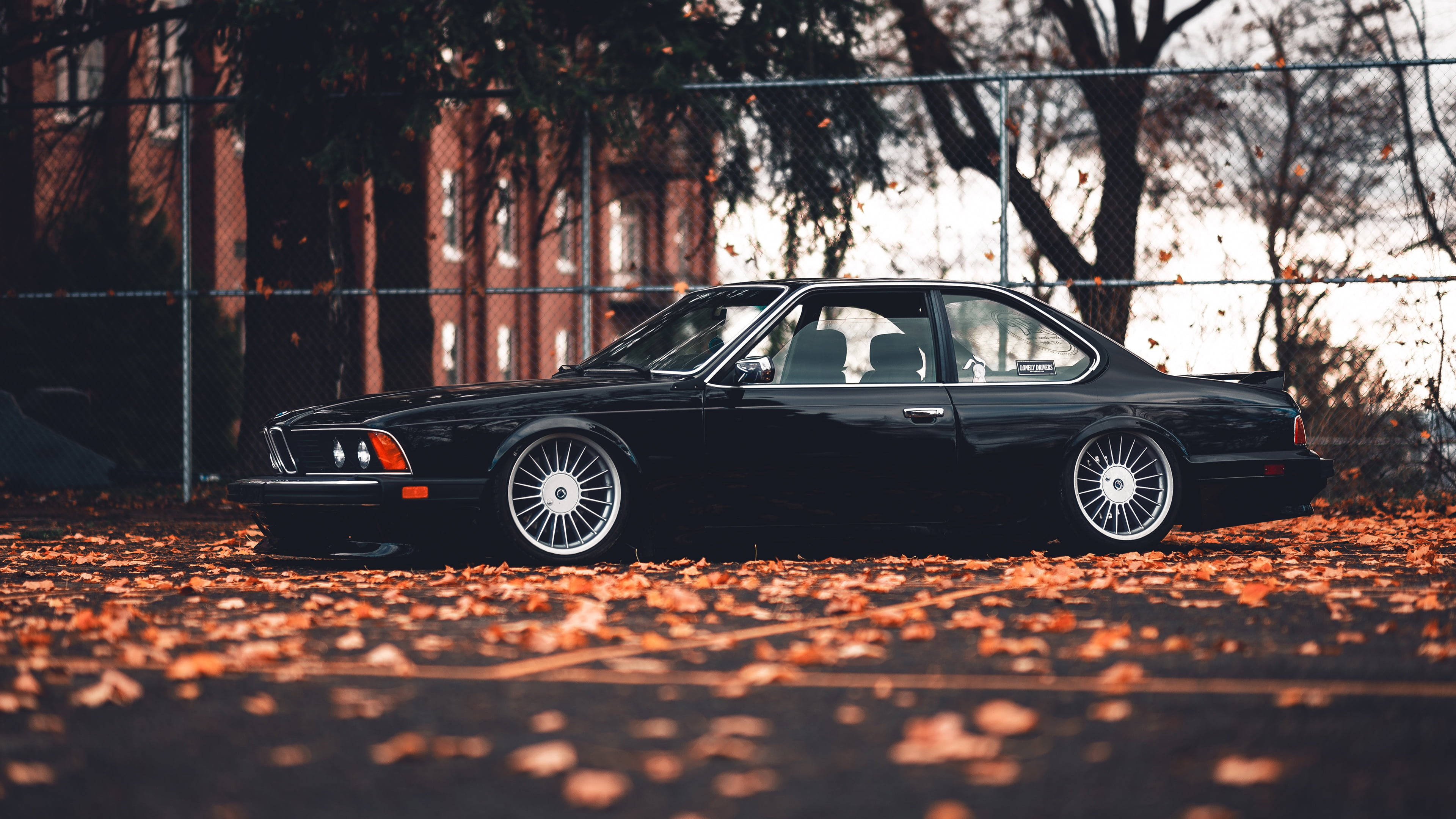 classic bmw 桌布 壁紙 — 一輛時尚的黑色BMW E24雙門轎跑車停在秋天落葉滿地的瀝青停車場，後面是鐵絲網圍欄。