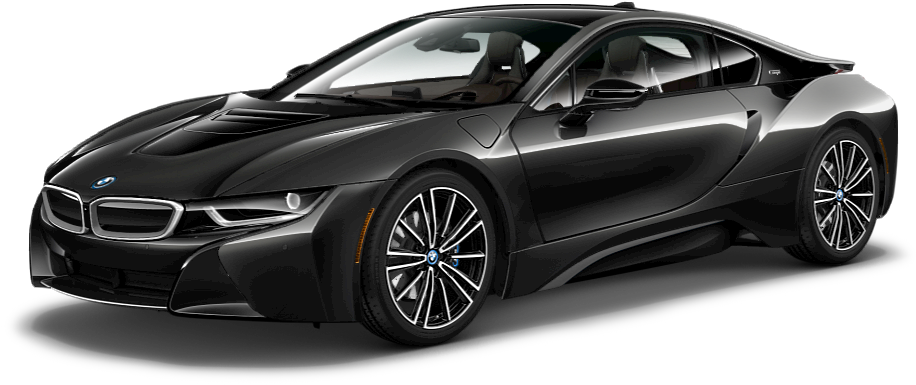 BMW 動圖 桌布 壁紙 — 一輛時尚的黑色BMW i8跑車，帶有銀色飾邊和空氣動力學設計，在透明背景上以側面展示。