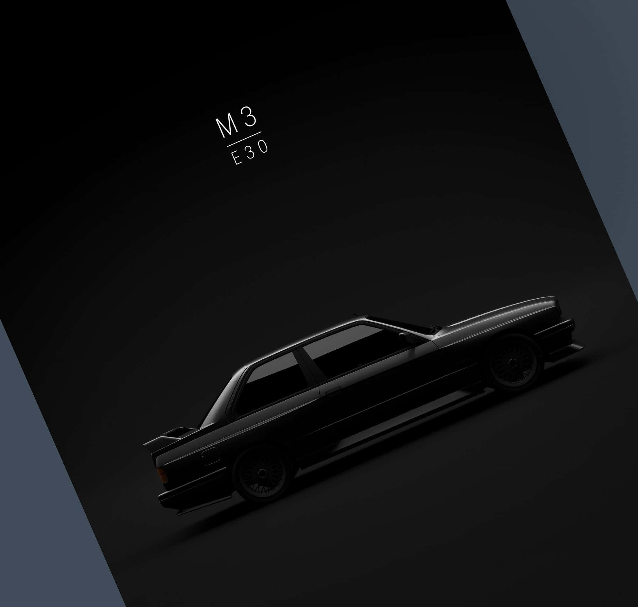 Minimalist Car 桌布 壁紙 — 一輛時尚的黑色BMW M3 E30跑車在深色漸變背景上，搭配極簡字體，散發出微妙的光芒。