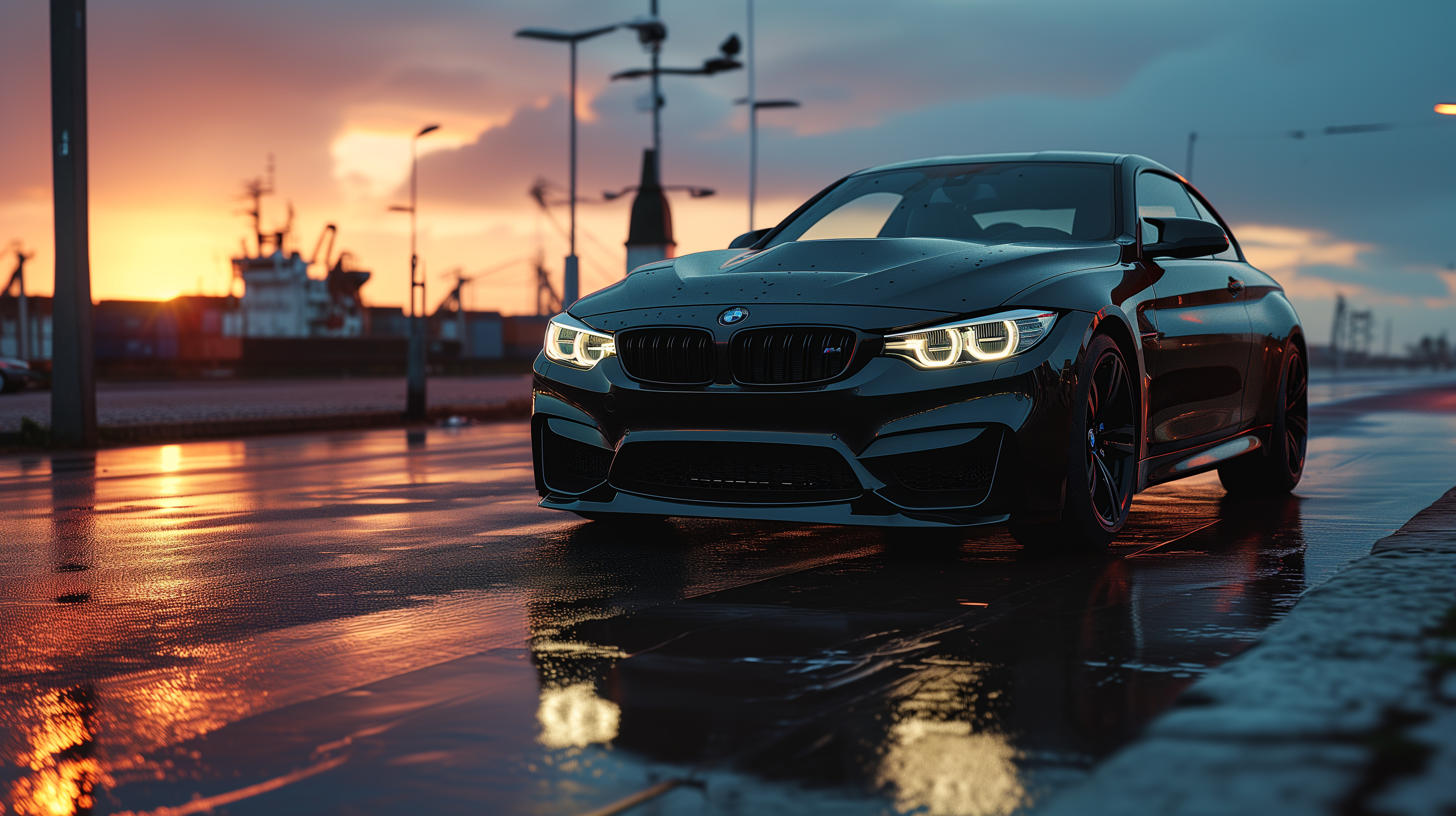 M4 桌布 壁紙 — 一輛時尚的黑色BMW M4雙門轎跑車在日落時分的濕潤港口道路上閃閃發光，發光的車頭燈反射在雨水浸濕的路面上。