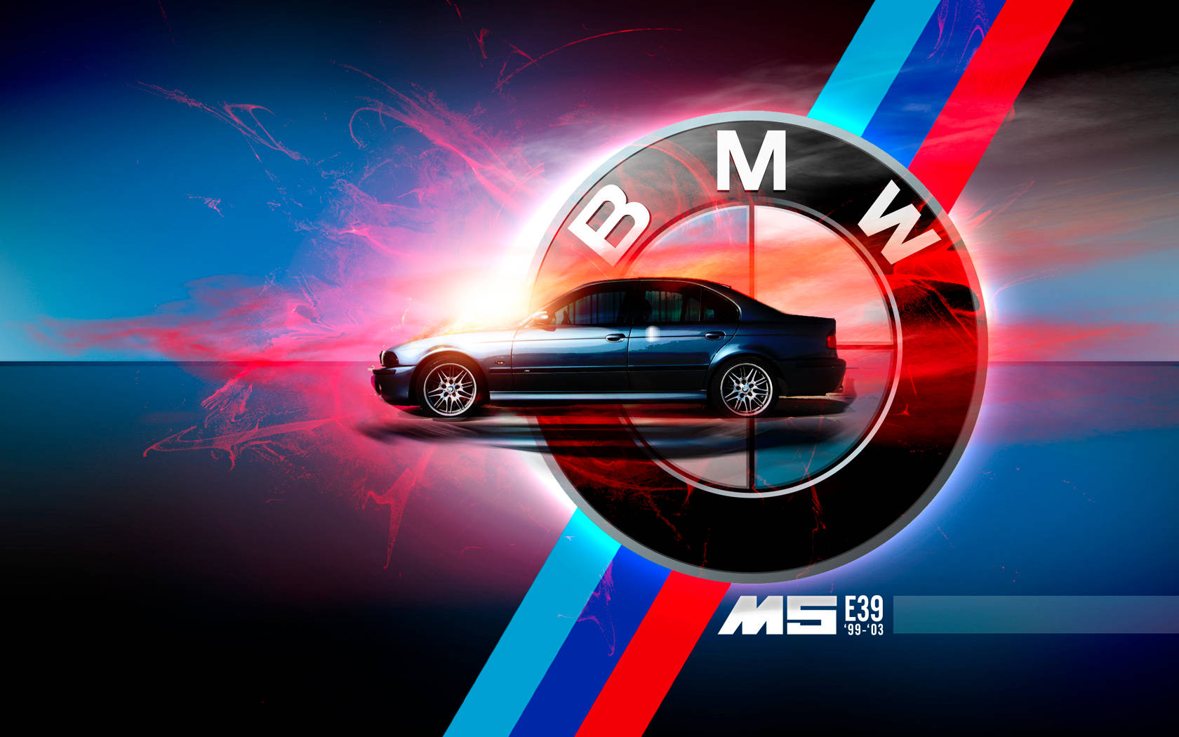 桌布 壁紙 — 一輛時尚的黑色BMW M5 E39轎車在充滿紅色、藍色和粉紅色能量條紋的鮮豔抽象隧道中滑行。