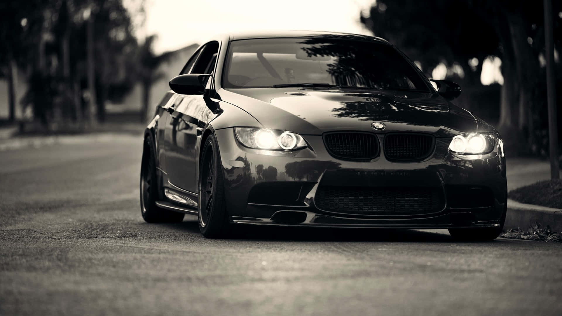 1920x1080 Bmw 桌布 壁紙 — 一輛時尚的黑色BMW跑車，亮著車頭燈，停在單色調的樹蔭街道上。