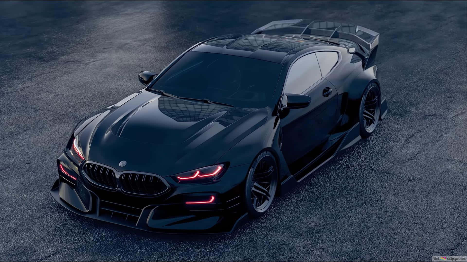1920 X 1080 Car 桌布 壁紙 — 一輛時尚的黑色BMW跑車，帶有發光的紅色尾燈，停在深色瀝青路面上。