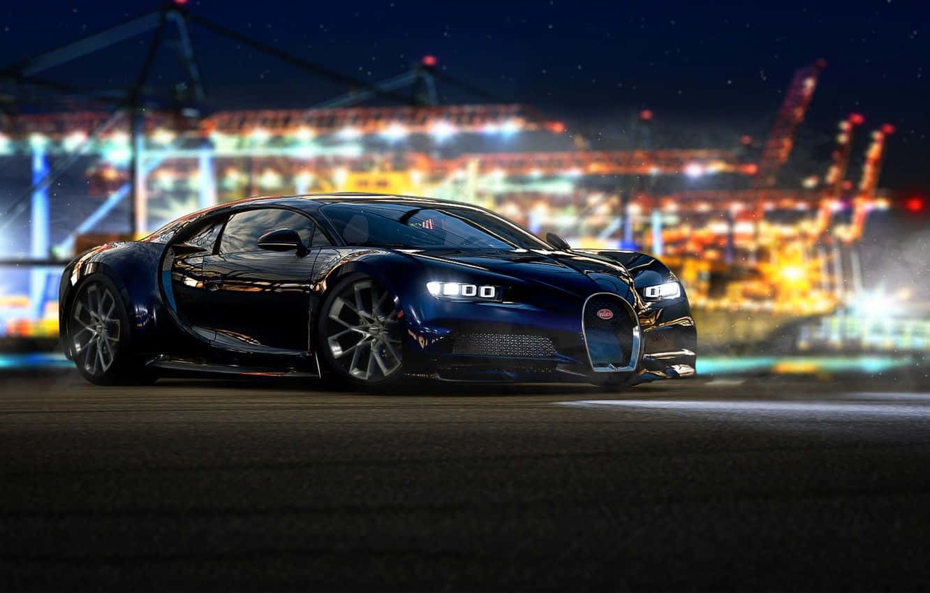 跑車 桌布 壁紙 — 一輛時尚的黑色Bugatti Chiron在霓虹燈下閃耀，映襯著夜晚充滿活力的城市天際線。